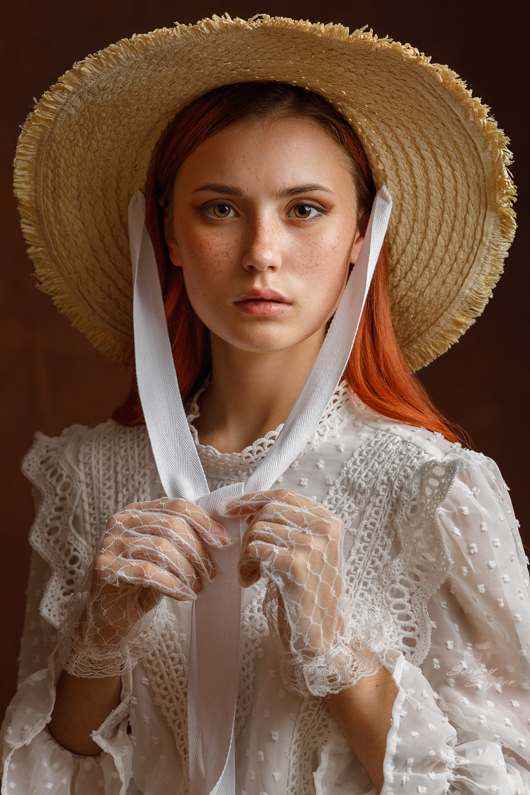 Sergey Sergeev Women Hat Redhead Dress Gloves Brown Eyes Freckles Portrait Simple Background Looking 1080x1620