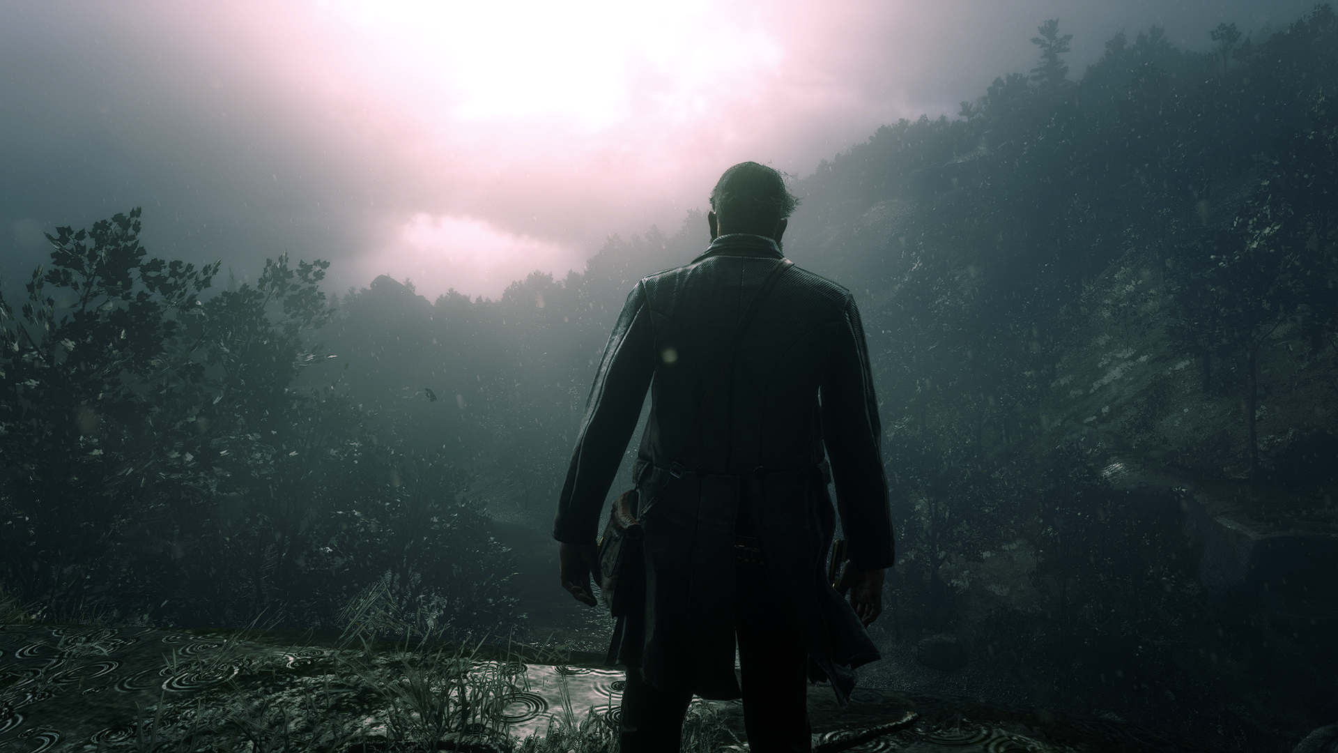 Red Dead Redemption 2 Arthur Morgan Water Drops Rain Screen Shot Cliffside Mist Foliage 1920x1080