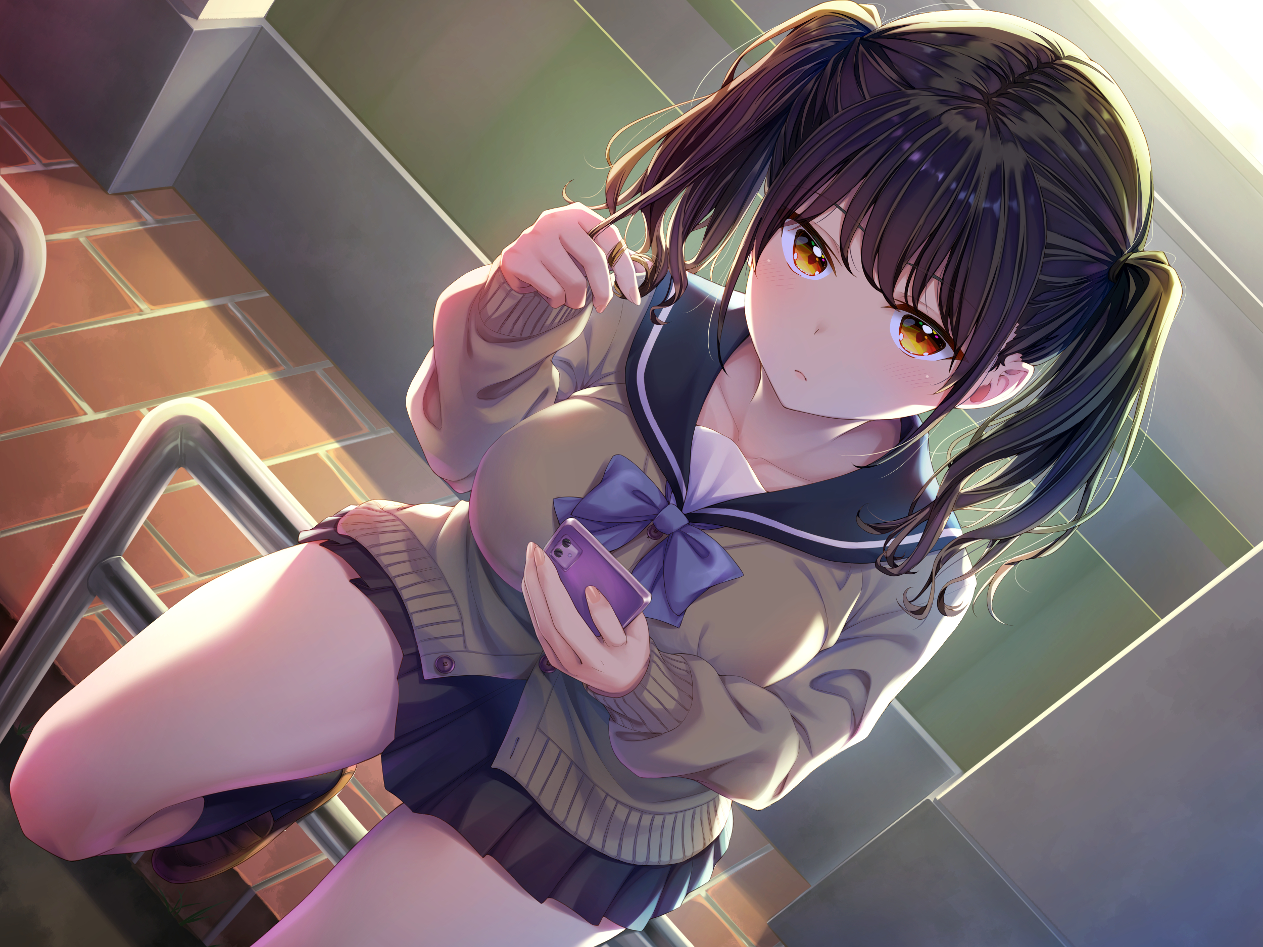 School Uniform Anime Girls Bangs Yellow Eyes Skirt Smartphone Dark Hair Pigtails OdadadadaTT Artwork 2500x1875