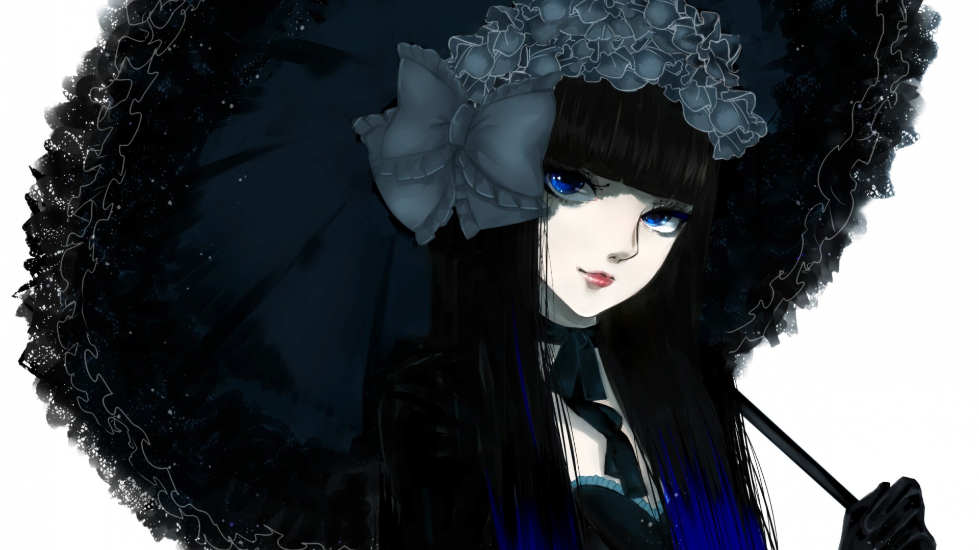 Anime Anime Girls Original Characters Cropped Gothic Lolita Umbrella Black Hair Blue Eyes 1920x1080