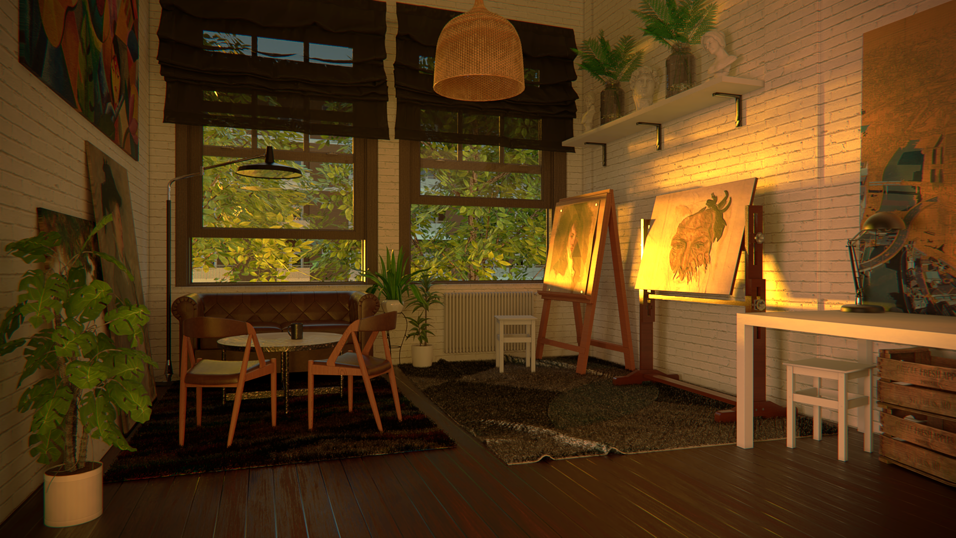 3D CGi Digital Art Interior Interior Design Painters Room Bricks Dawn 1920x1080