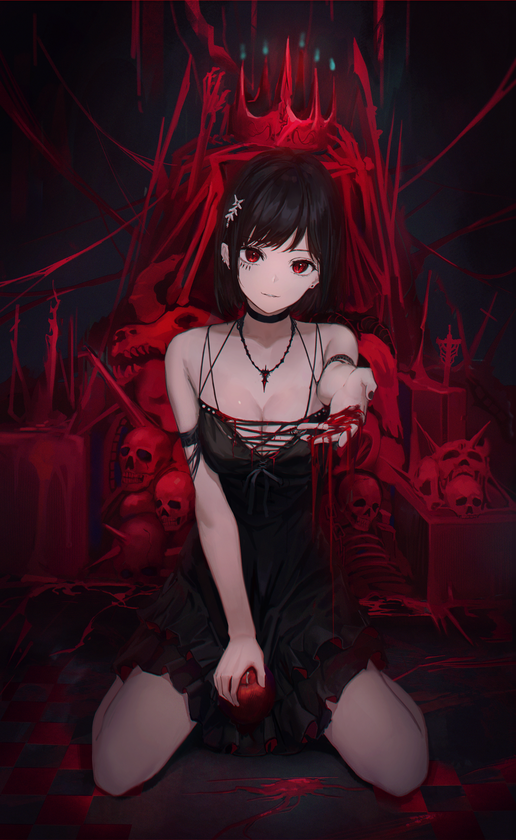 Anime Anime Girls Ritta Artwork Short Hair Black Hair Red Eyes Dress Black Dress Bones 2078x3382