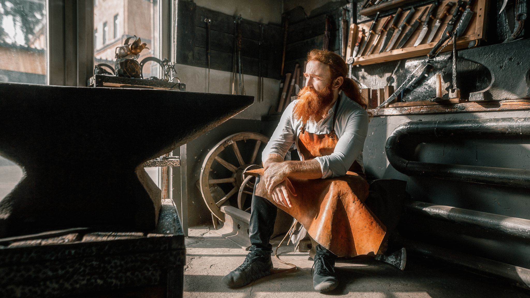 Andrew Vasiliev Men Redhead Beard Looking Away Apron Weapon Sword Blacksmith Workshop 2048x1152