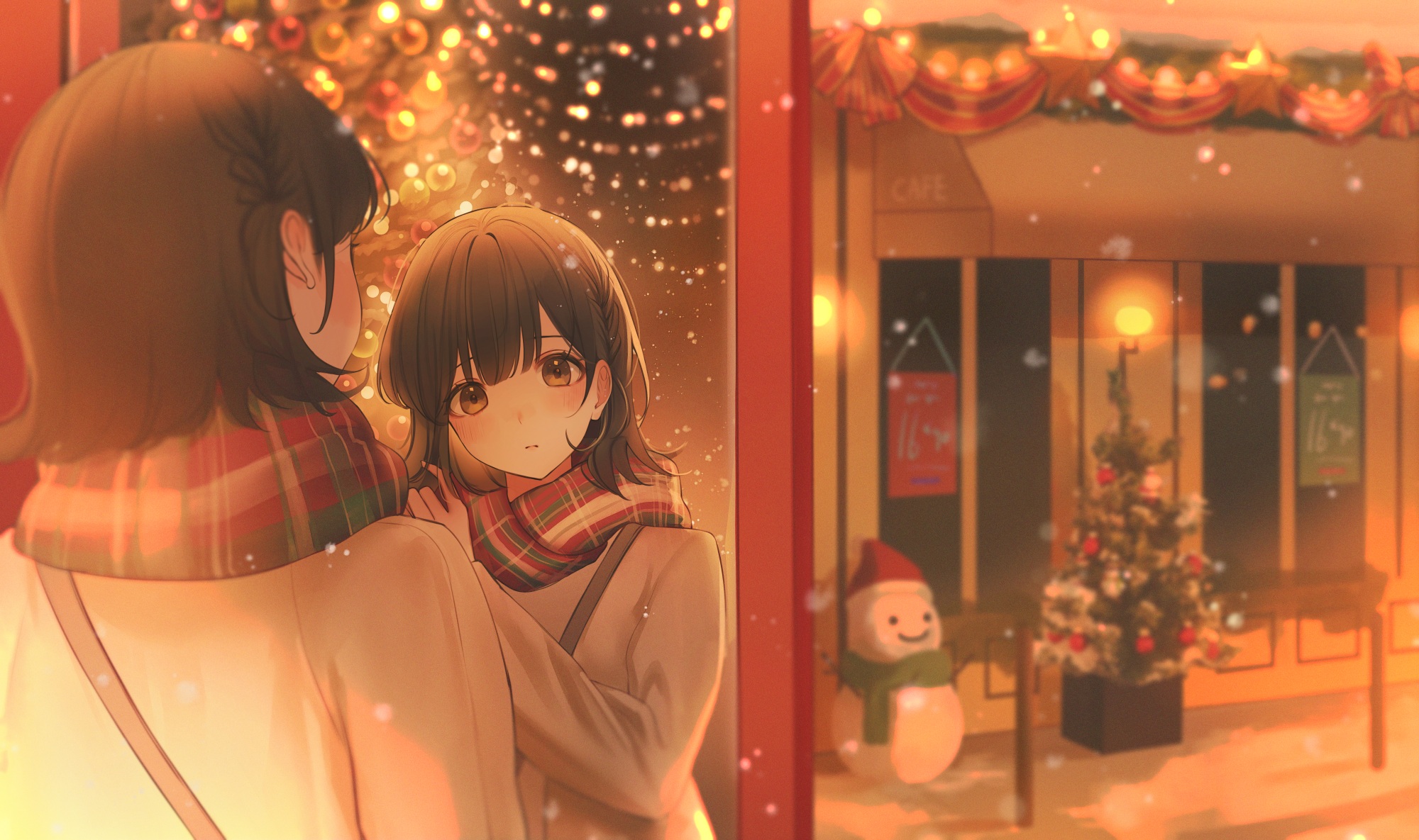 Anime Anime Girls Lium Artwork Christmas Snowman Cafe Reflection Brunette Brown Eyes Scarf 2000x1185