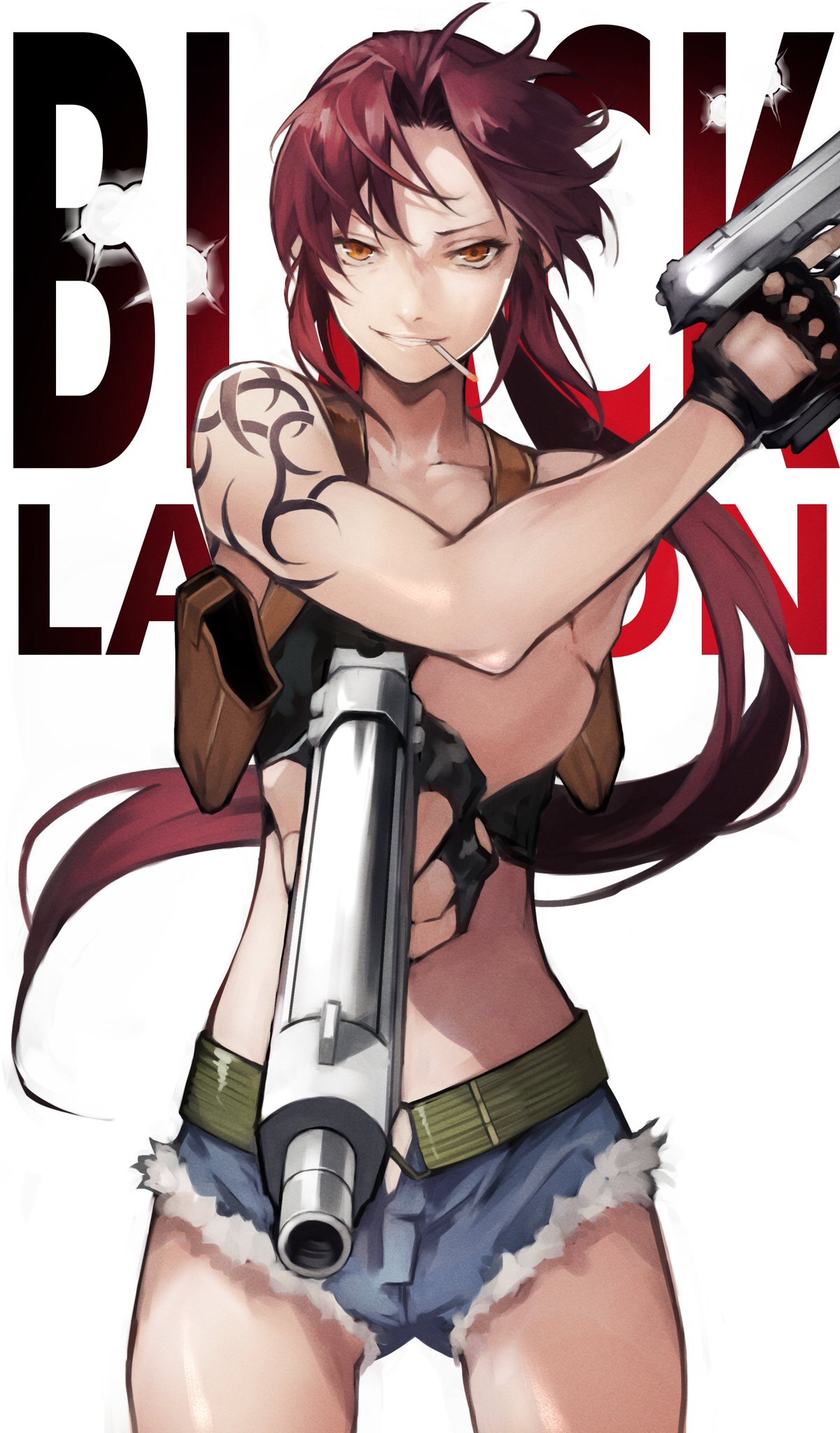 Anime Anime Girls Yoshi55level Simple Background Vertical Black Lagoon Revy Gun Tattoo 1201x2048