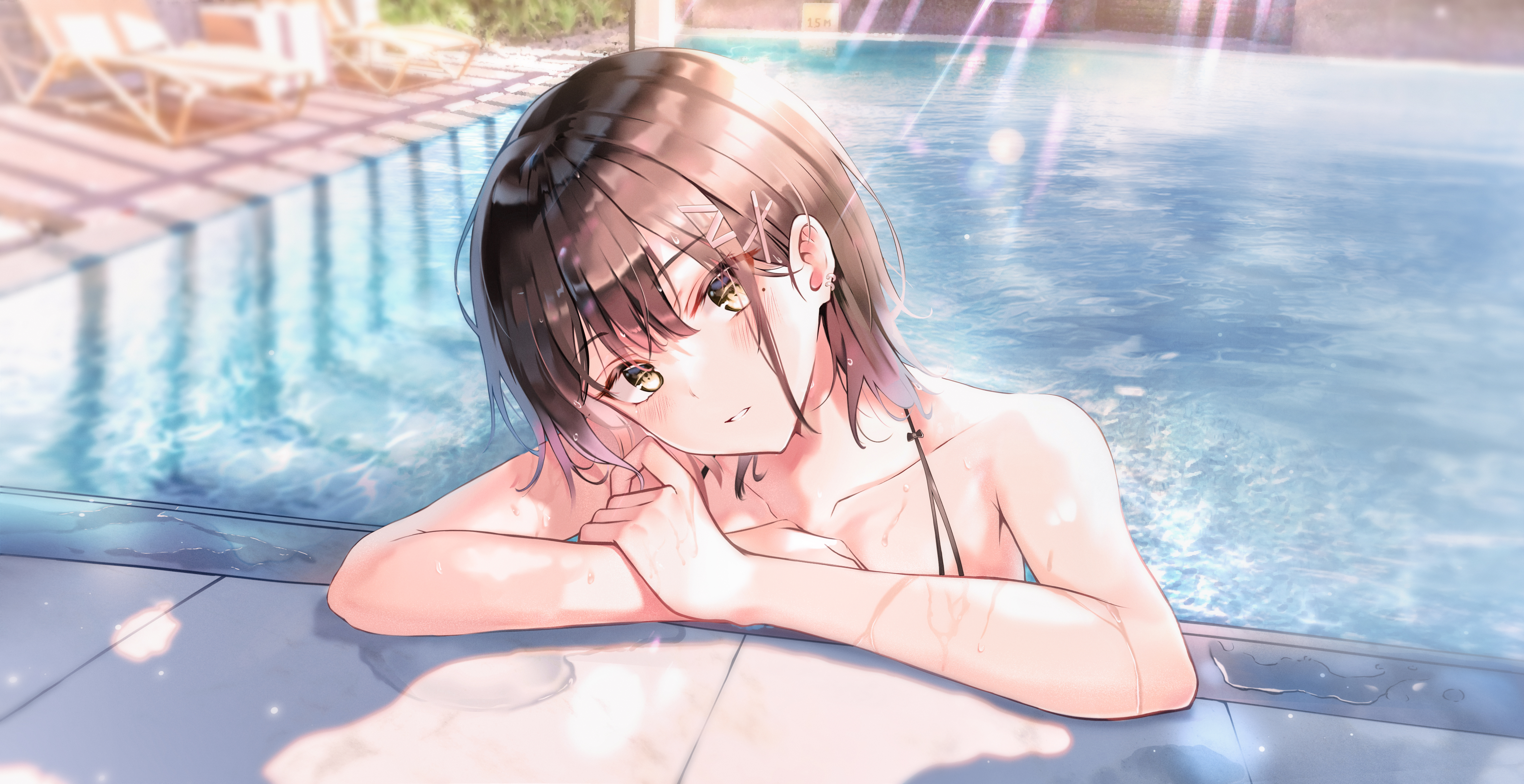 Anime Anime Girls Artwork Looking At Viewer Brown Eyes Brunette Wet Swimming Pool Sion Im10042m 6669x3433