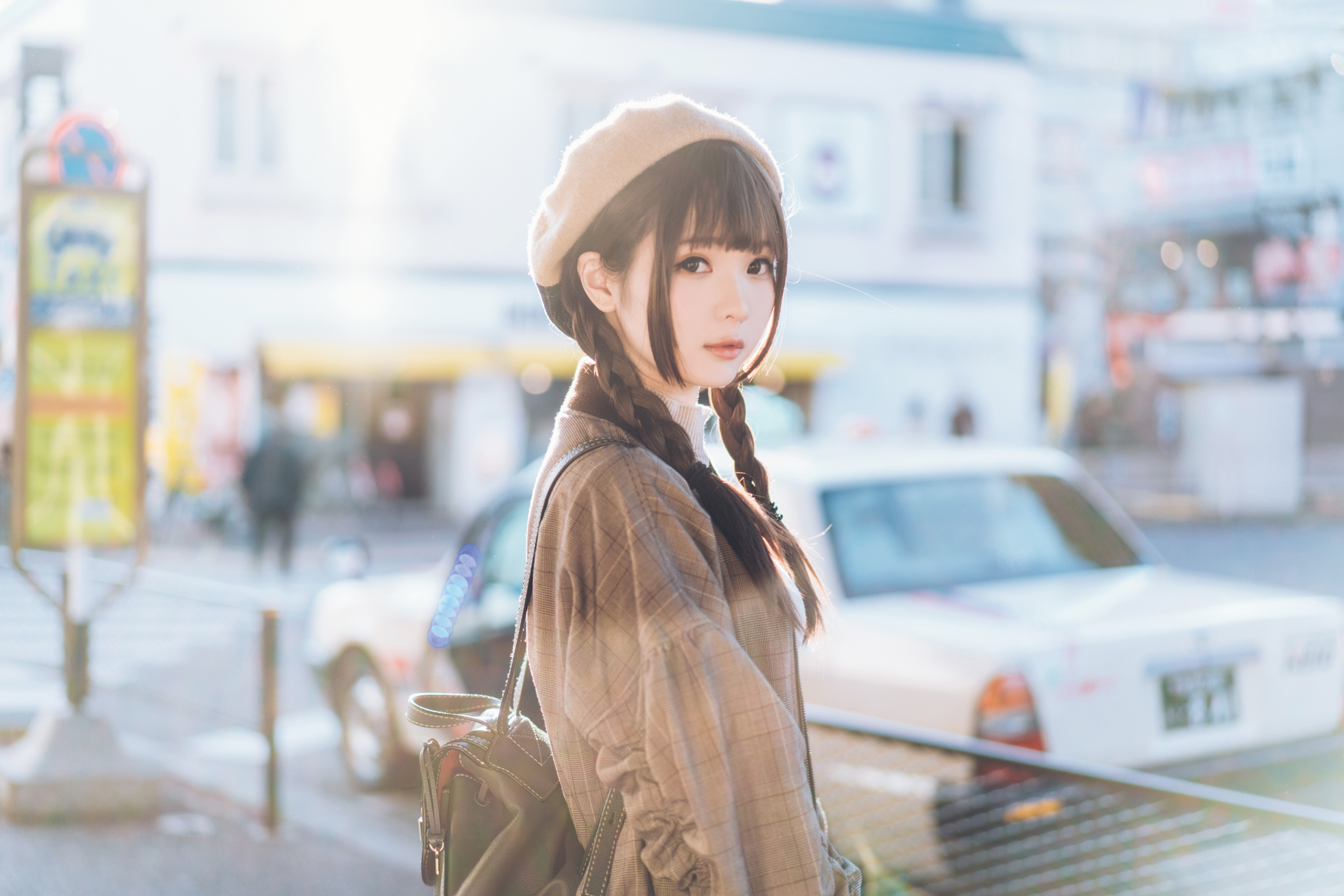 Women Model Brunette Asian Braids Berets Casual Jacket Backpacks Portrait Street Depth Of Field Outd 2048x1366