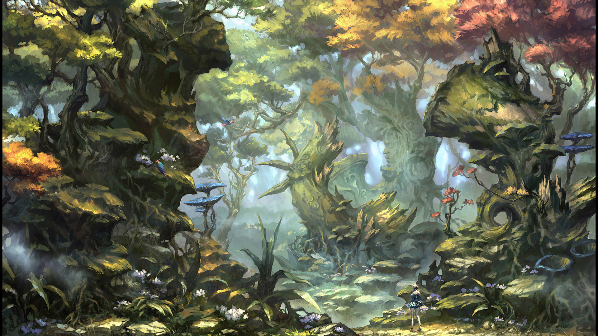 Jun Dong Li Digital Art Fantasy Art Forest Nature Trees Birds 1920x1080