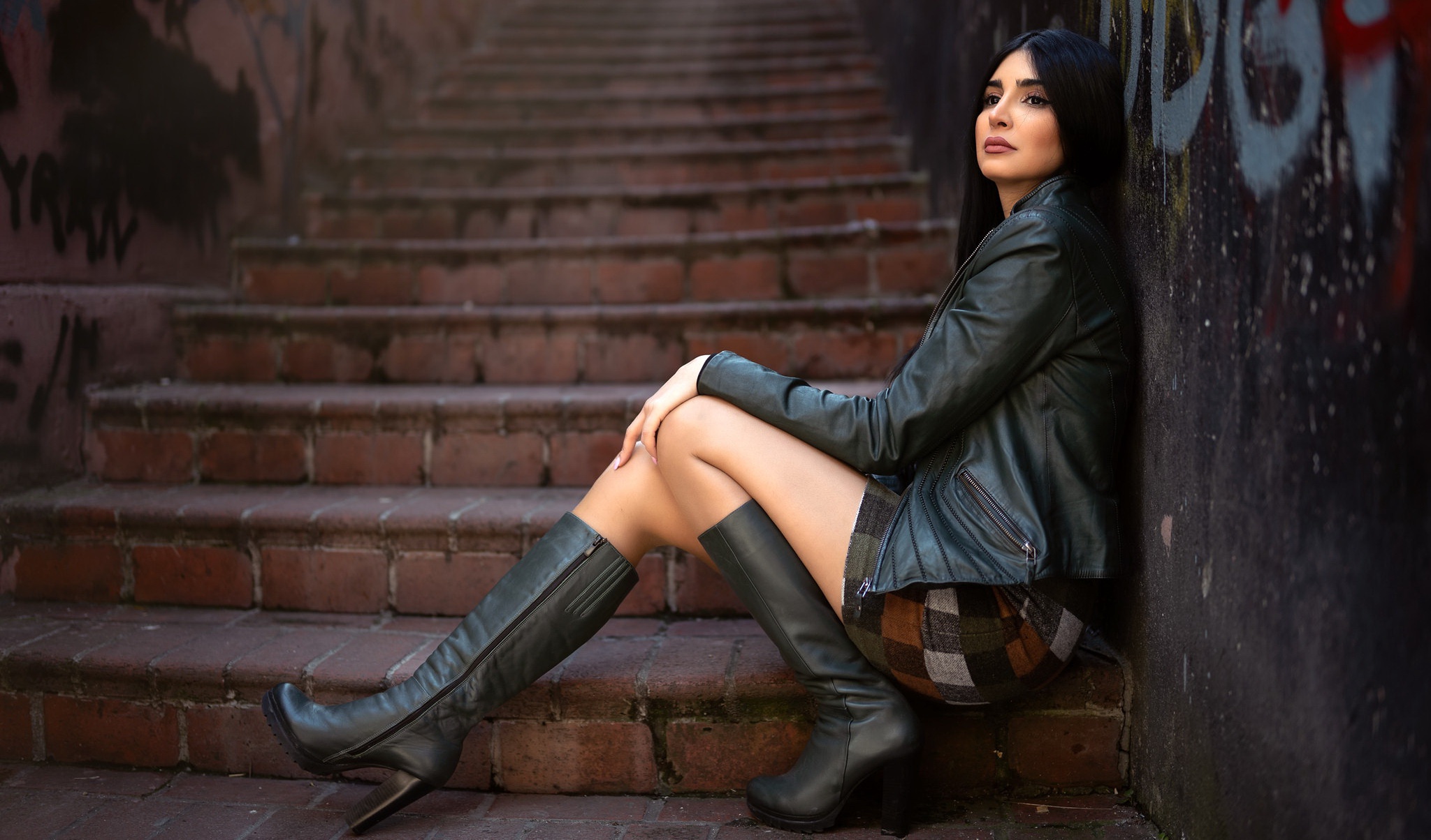 Women Model Women Outdoors Urban Sitting Black Hair Makeup Leather Jacket Stairs Boots Heels High He 2048x1204