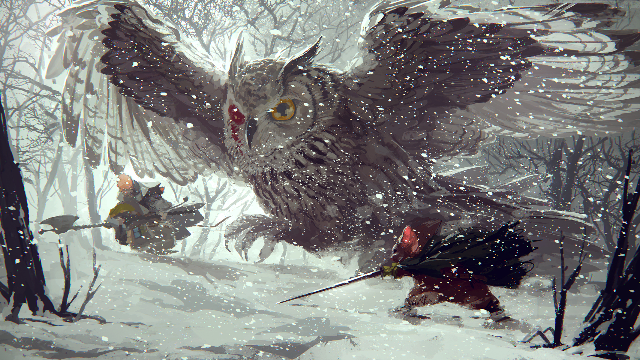 Digital Art Fantasy Art Mice Winter Snow Trees Forest Sword Owl 2133x1200