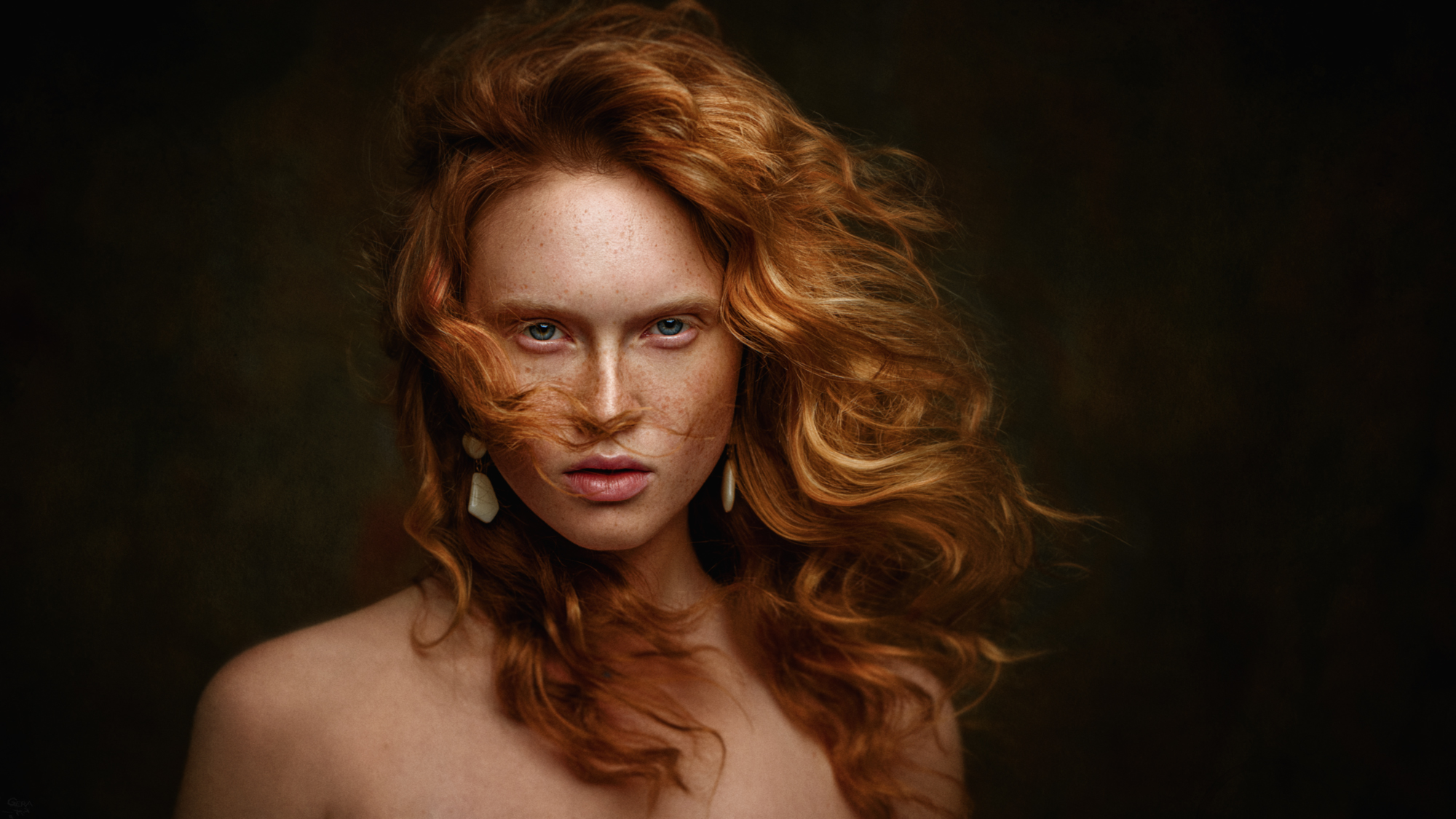 Women Arina Bikbulatova Redhead Blue Eyes Freckles Portrait Wind Simple Background Earring 2000x1125