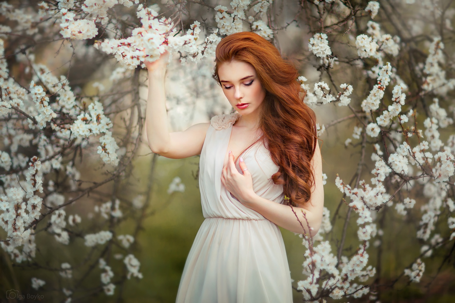 Blossom Long Hair Model Redhead White Dress White Flower 1920x1280