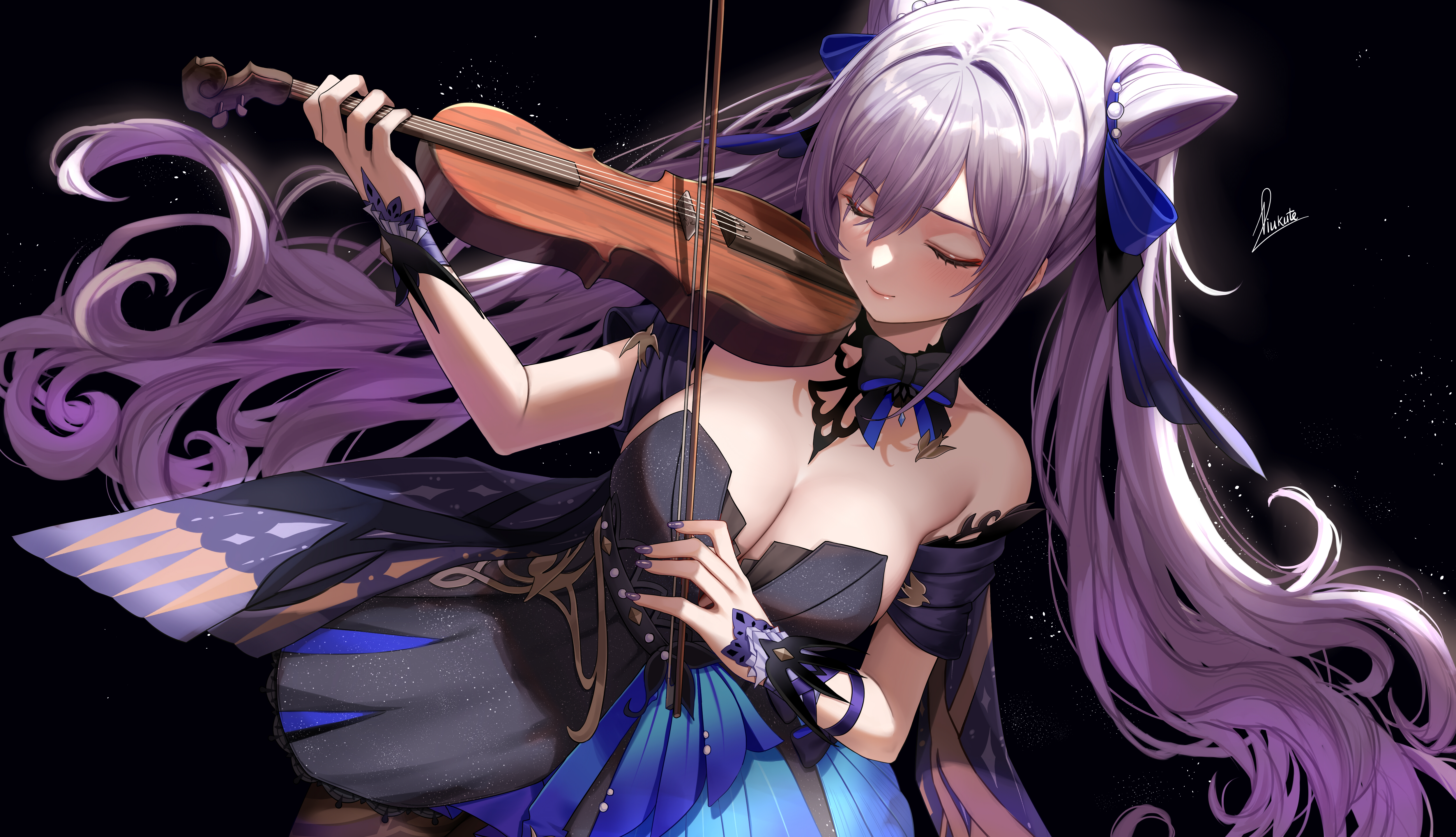 Anime Anime Girls Violin Closed Eyes Purple Hair Twintails Dress Genshin Impact Keqing Genshin Impac 5000x2875
