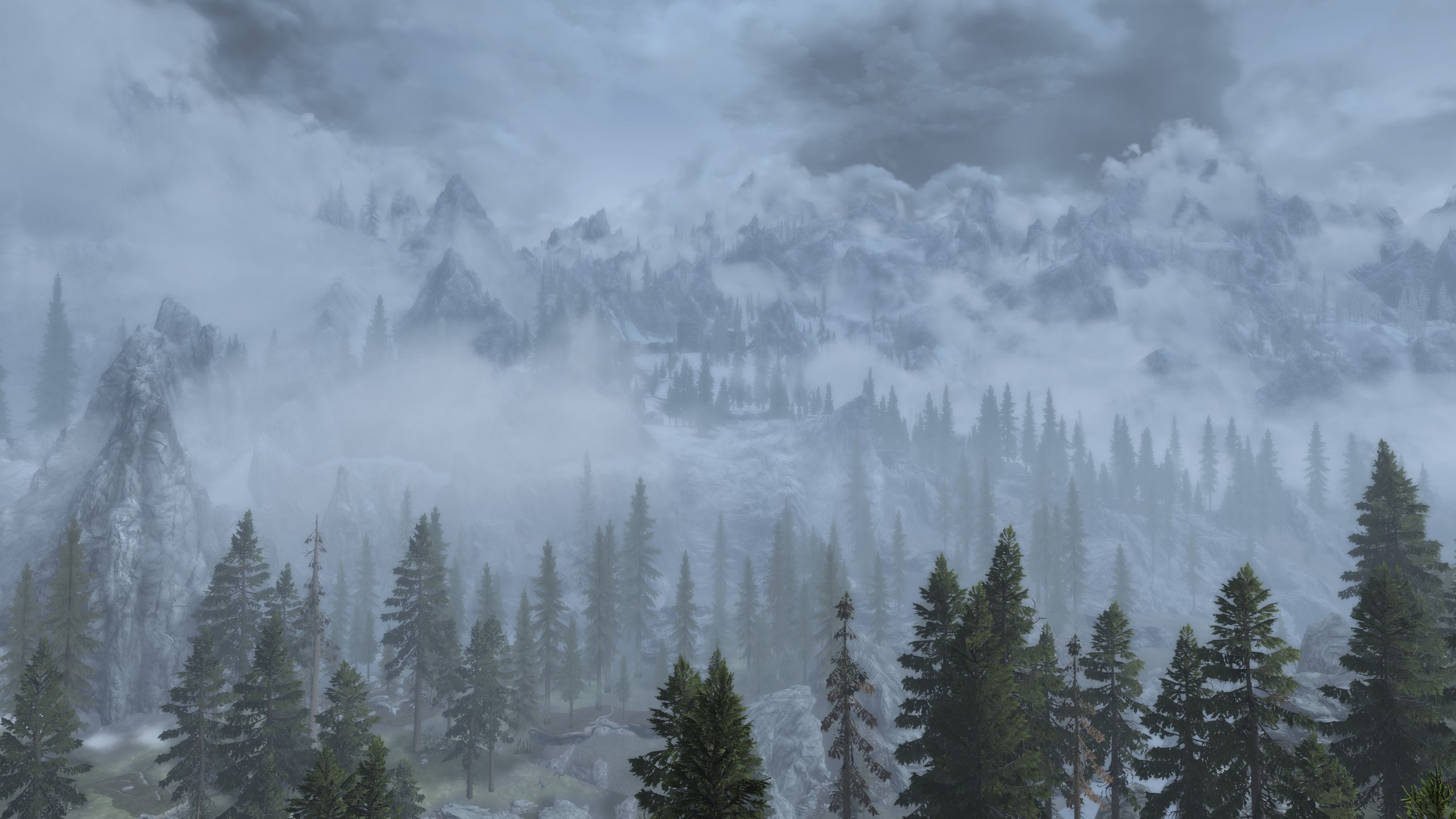 The Elder Scrolls V Skyrim Trees Mist Landscape Mountains 2560x1440