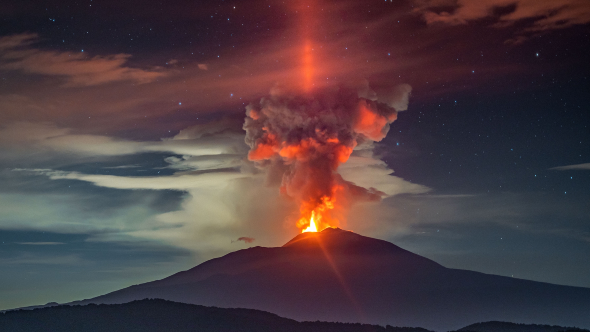 Landscape Nature Volcano Etna Eruption Lightpillar 1920x1080