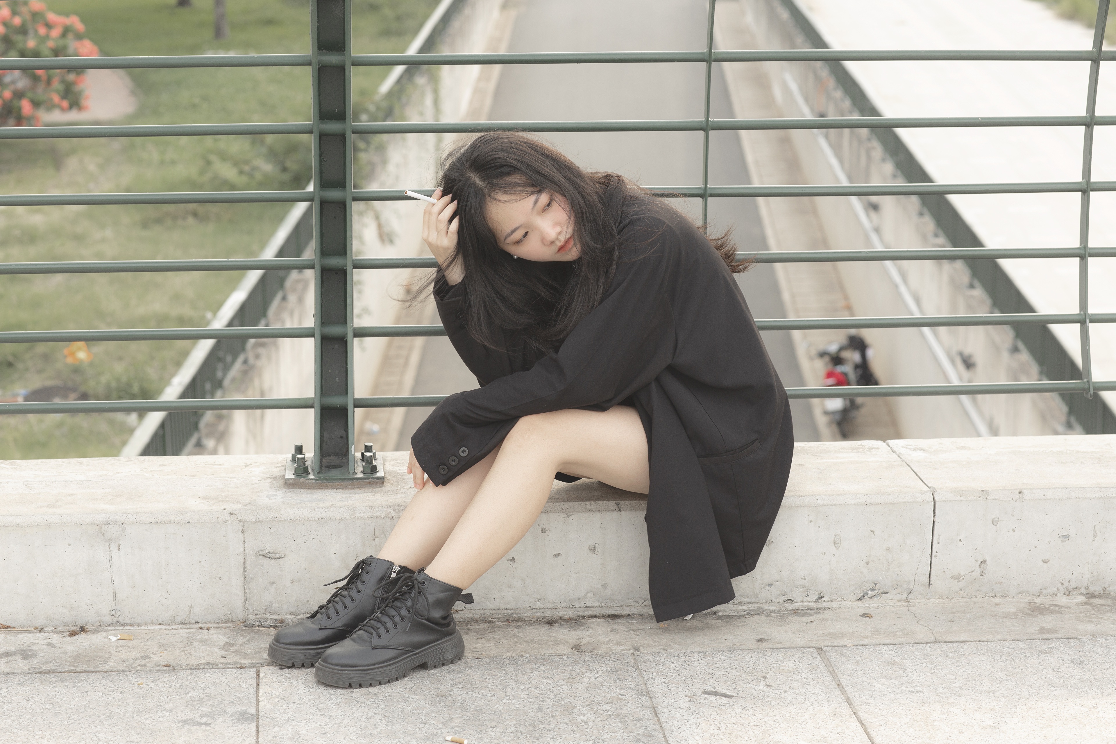 Asian Model Women Long Hair Dark Hair Railings Sitting Passage Cigarettes Black Blazer Shoes Depth O 3840x2560