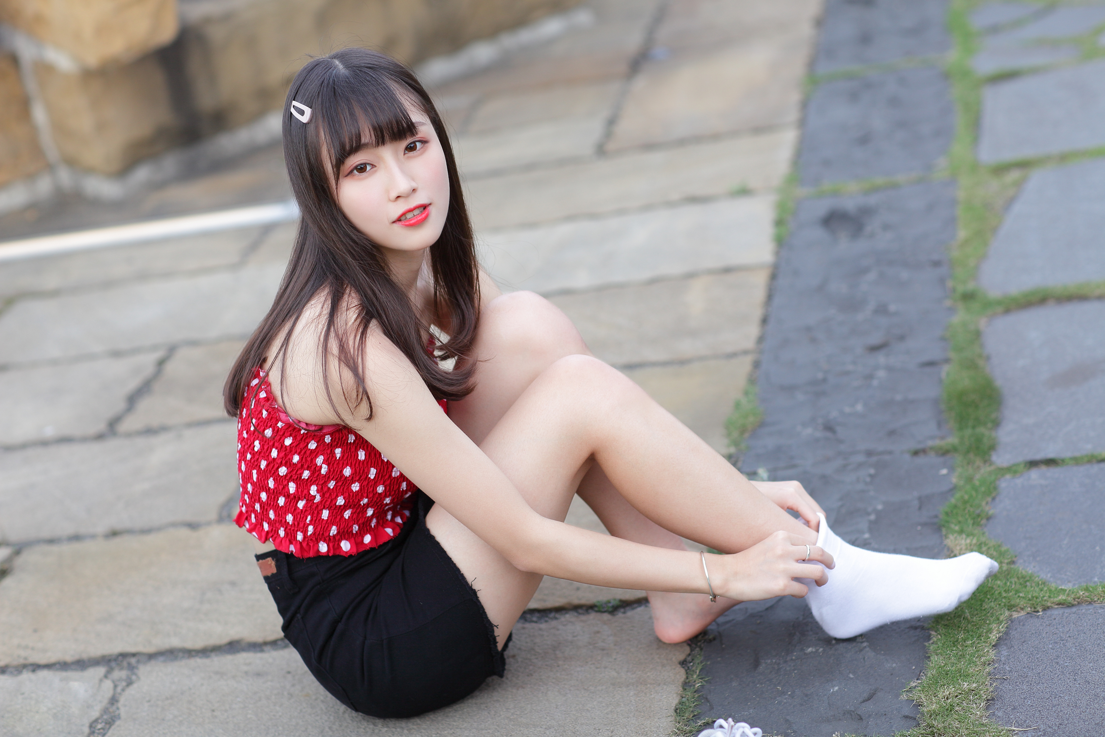 Asian Model Women Long Hair Dark Hair Polka Dots Shirt Shorts Barefoot White Socks Bracelets Hair Cl 3840x2560