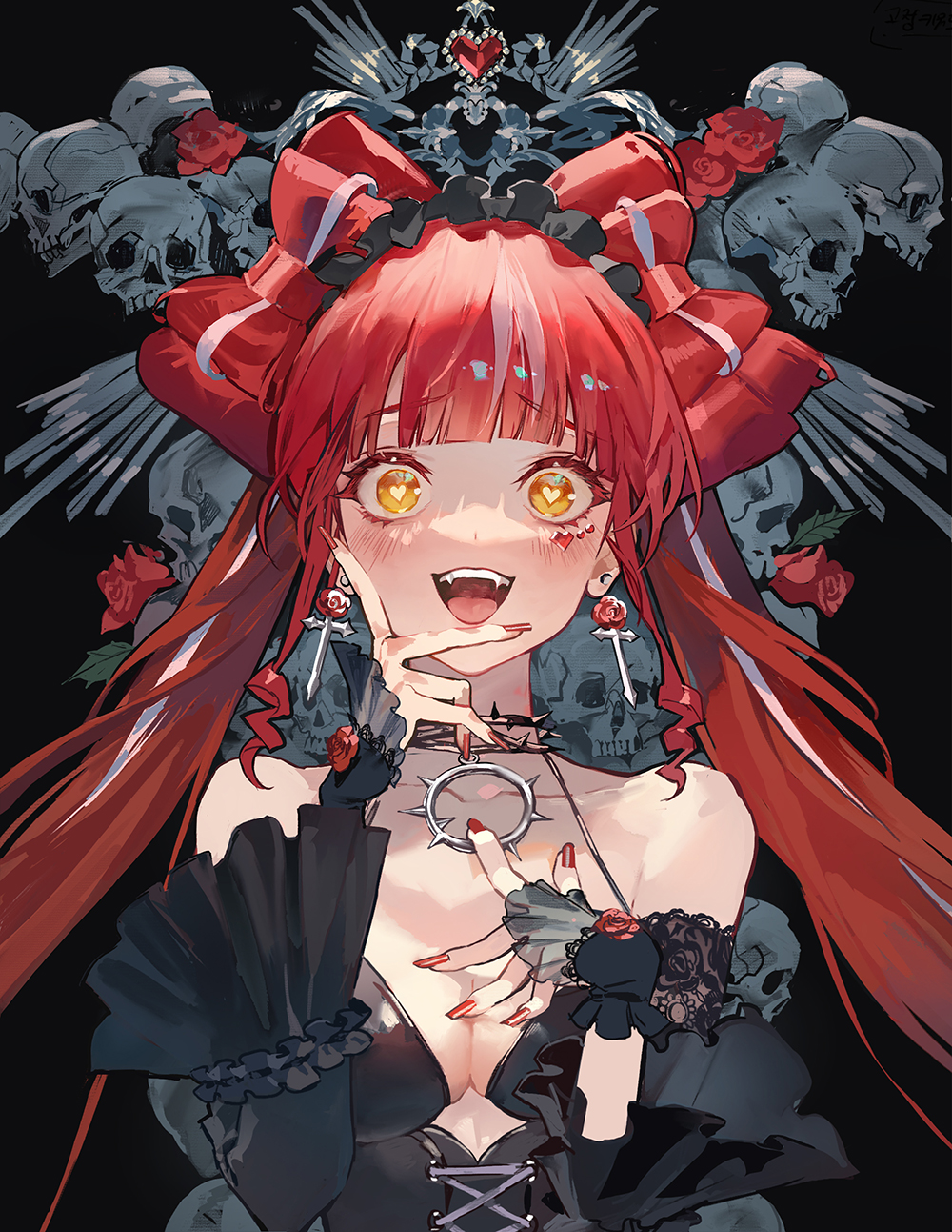 Redhead Anime Girls Rose Open Mouth Happy Blush Blunt Bangs Long Hair Skull Dress Black Dress Gloves 1000x1293