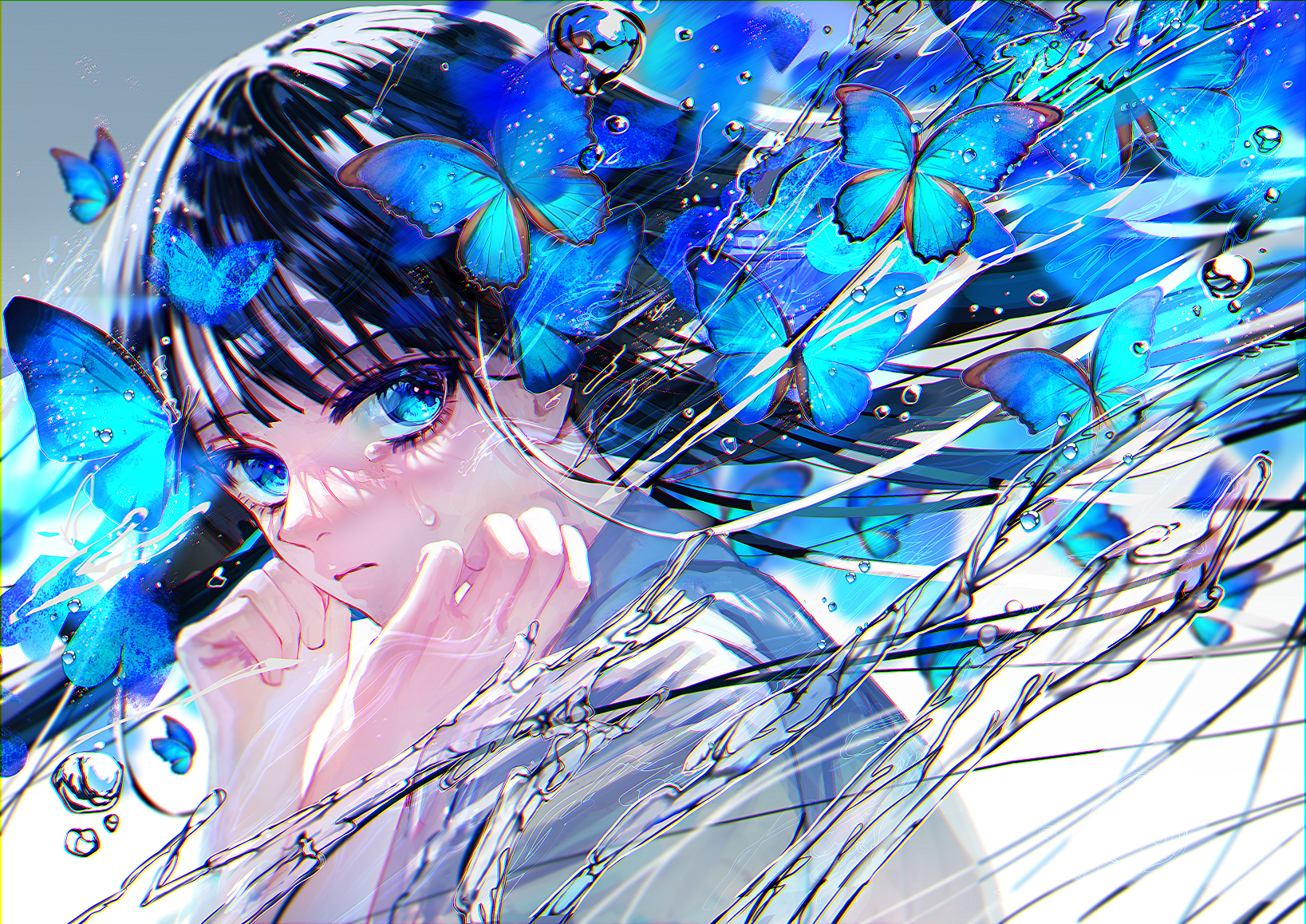 Anime Anime Girls Butterfly Blue Eyes Looking At Viewer Crying Dark Hair Long Hair Water Water Drops 1637x1158