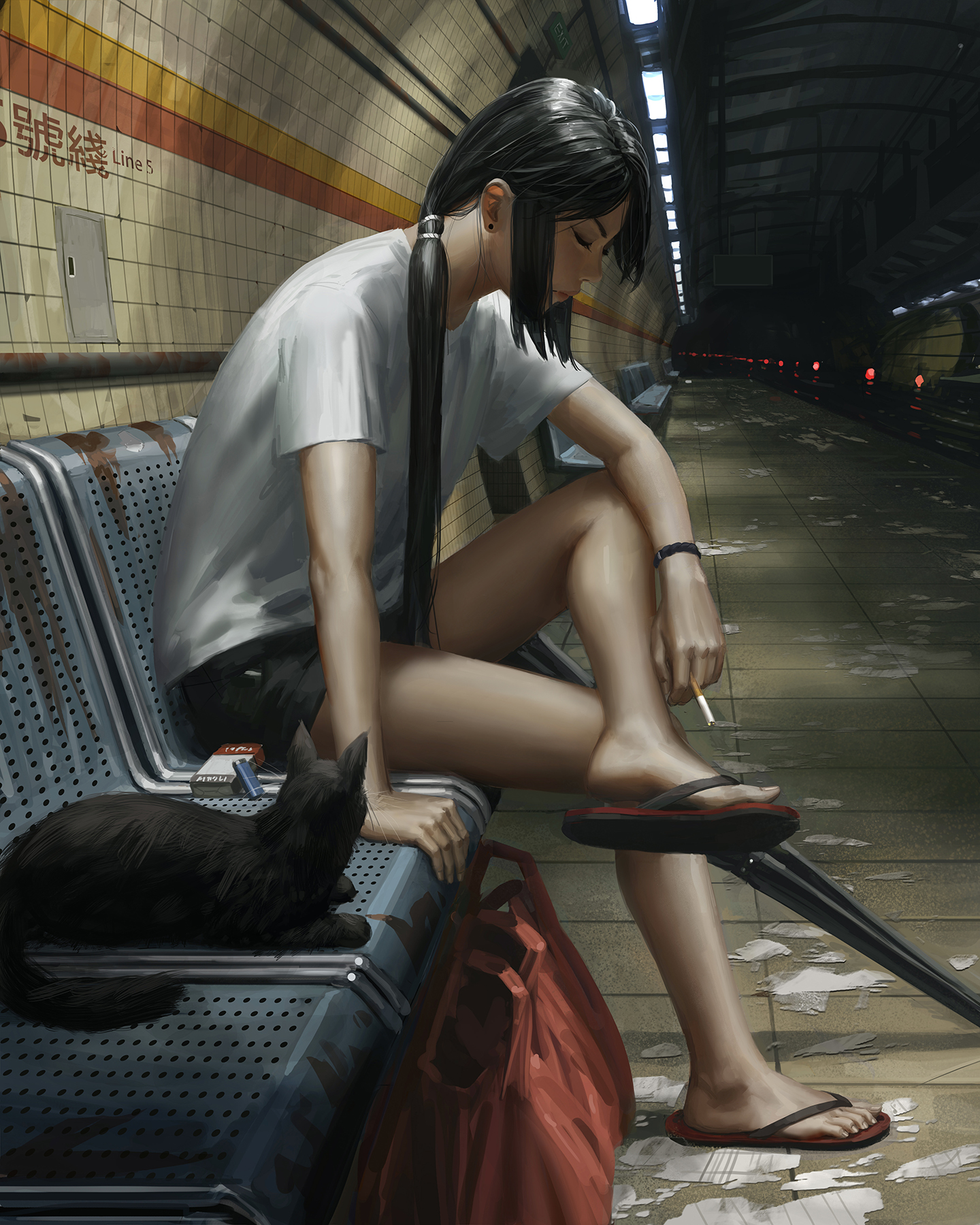 GUWEiZ Digital Art Digital Painting Artwork Train Station Subway Umbrella Cigarettes Cats Black Cats 1440x1800