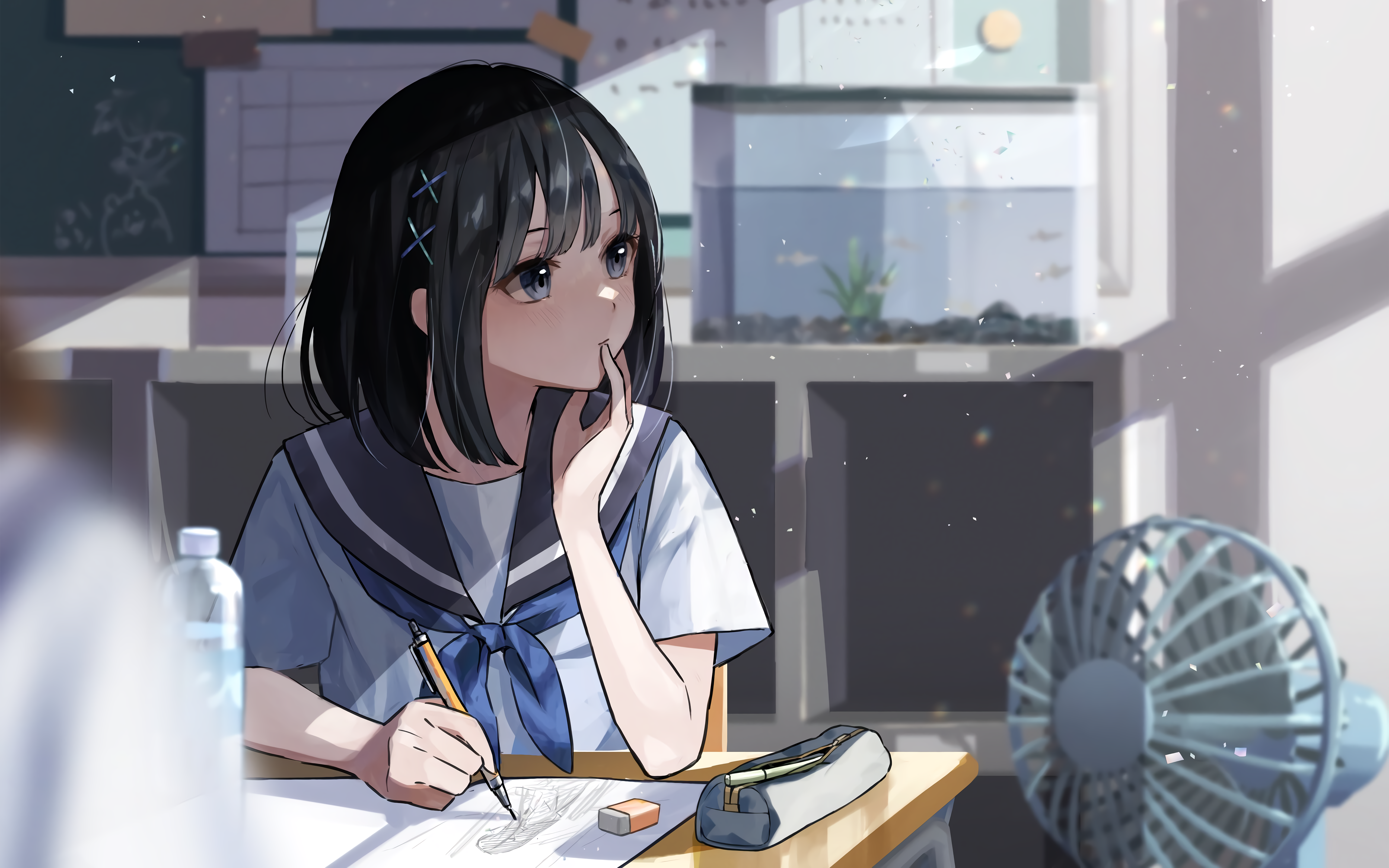 Anime Girls Black Hair Bangs Short Hair School Uniform Classroom Utakataya Artwork 5120x3200