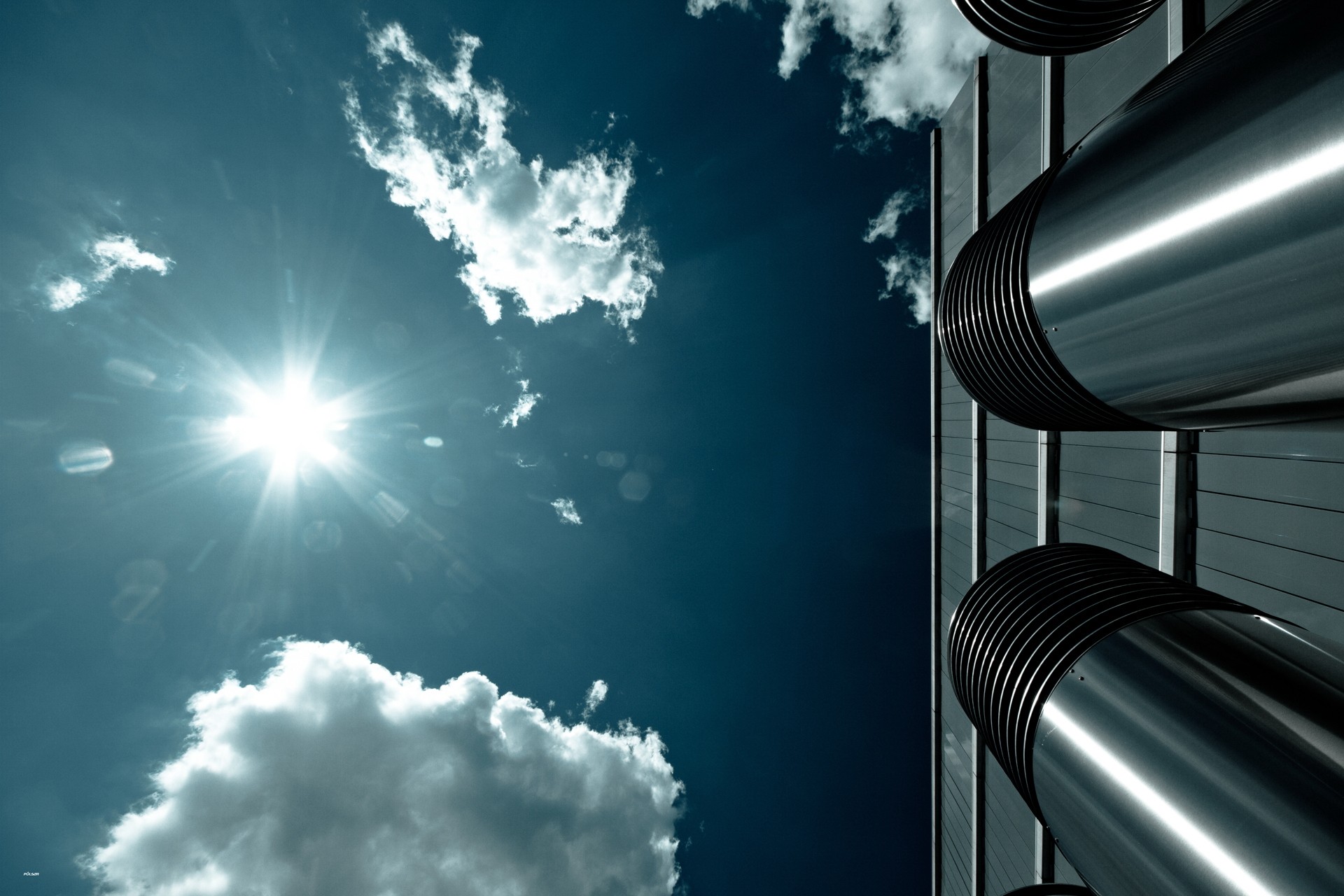 Sky Clouds Sun Lens Flare Building Architecture Modern Blue Silver 1920x1280