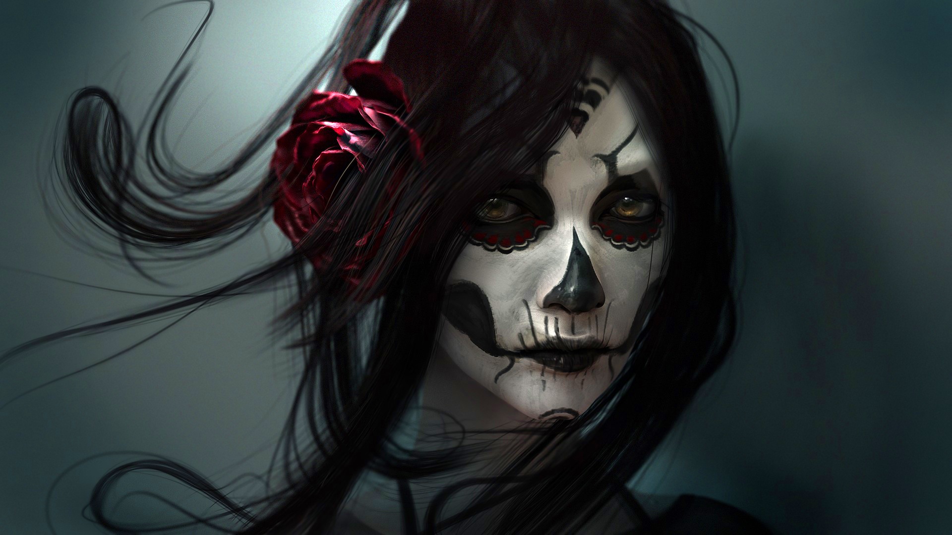 Women Skull Black Hair Dia De Los Muertos 1920x1080