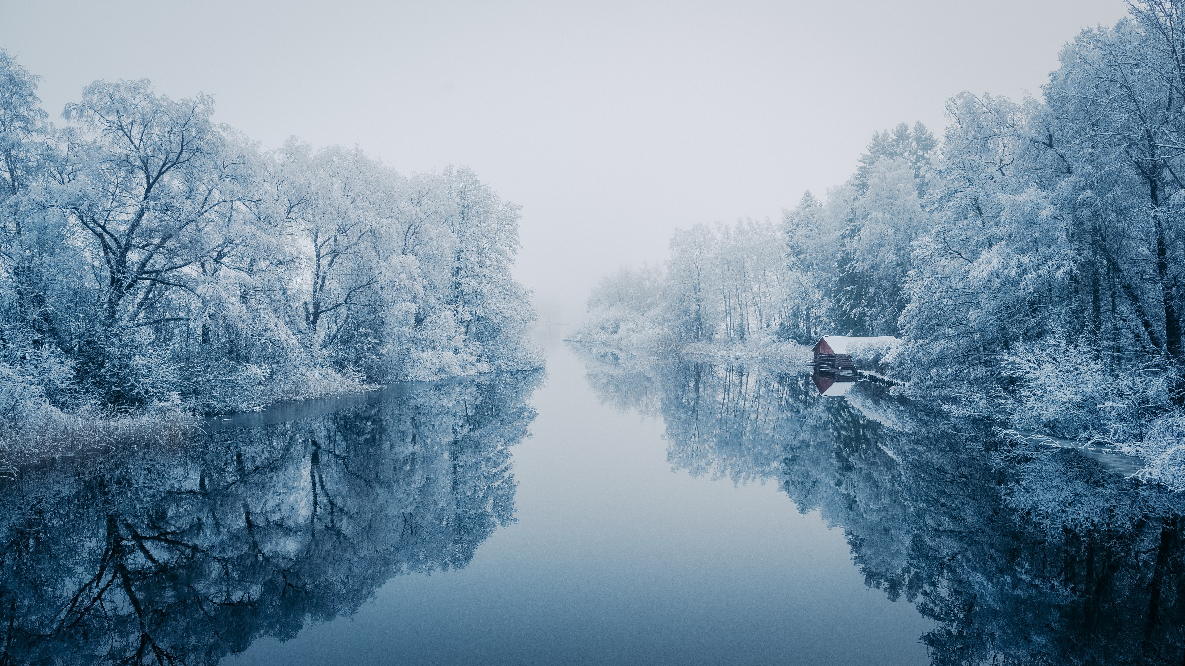 Nature Winter Water Reflection Trees Snow Cold Outdoors River 3840x2160