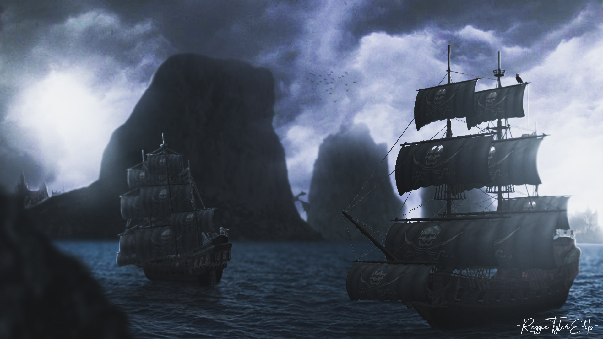 Pirates Mountain Chain Pirate Ship Photoshop Artwork Dark 1920x1080
