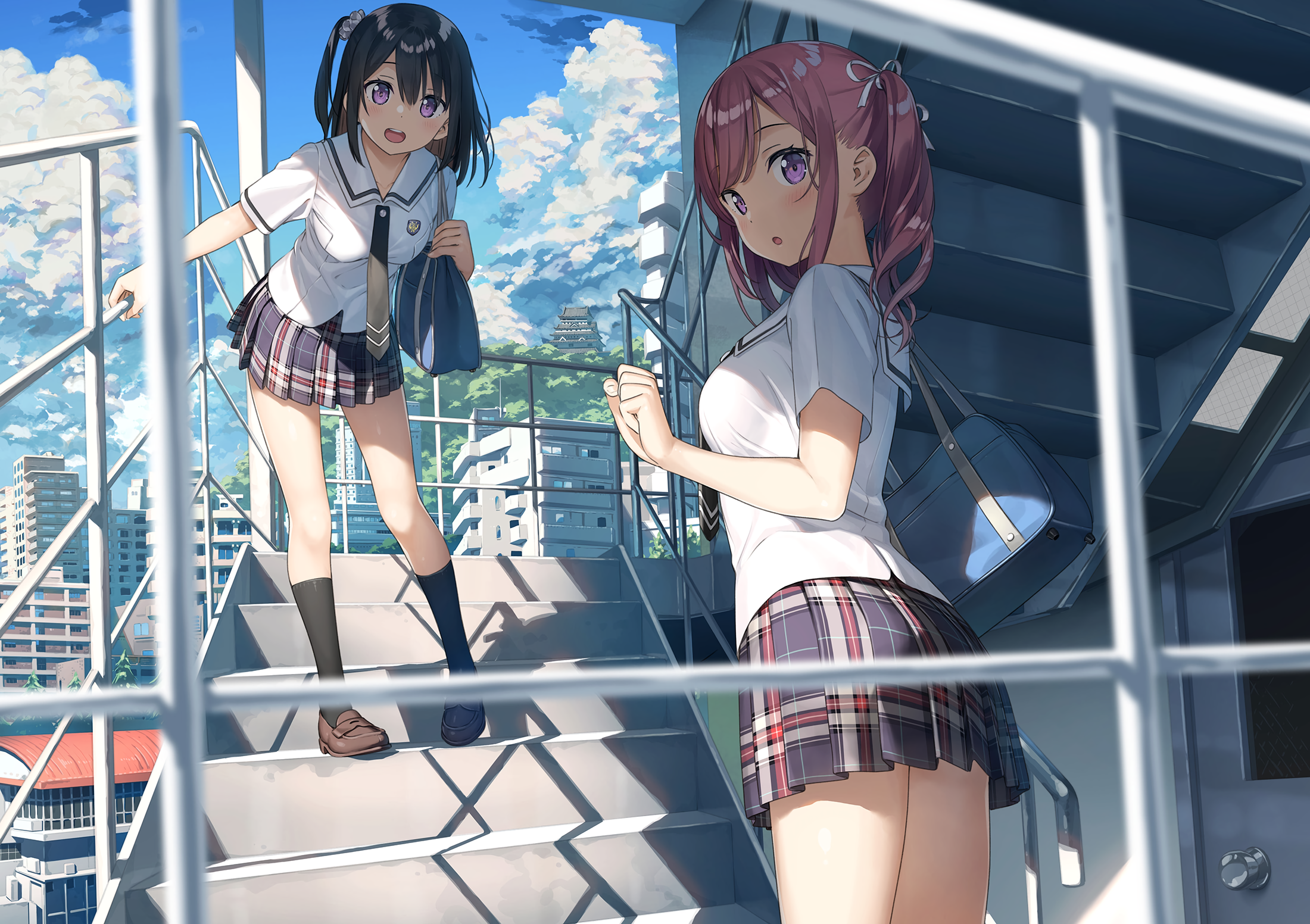 Anime Girls School Uniform Smile Blush Sky Skirt Stairs Artwork Kantoku Kurumi Kantoku Shizuku Kanto 2200x1552