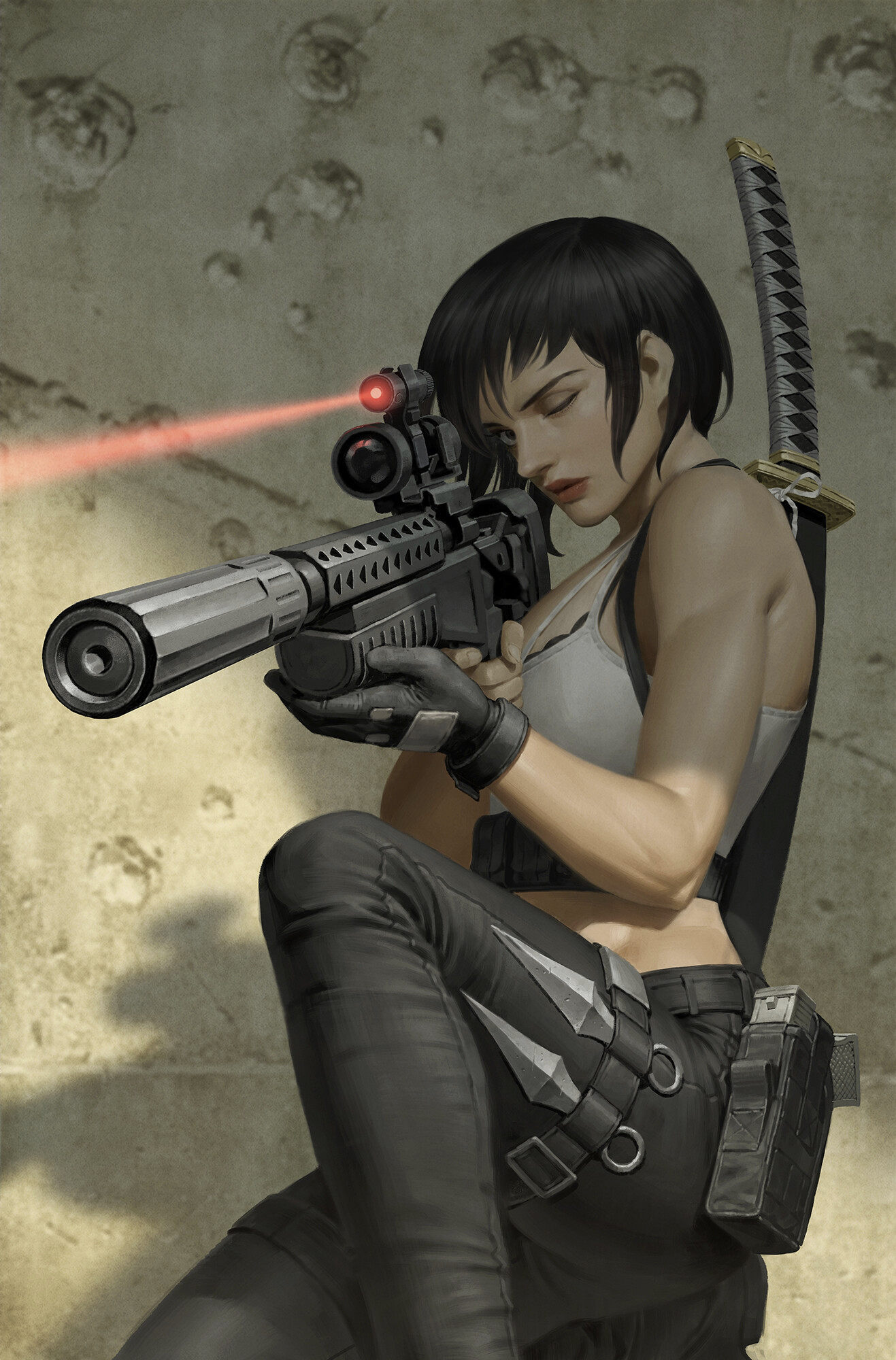 Women Sword Rifles Weapon Laser Artwork 1317x2000