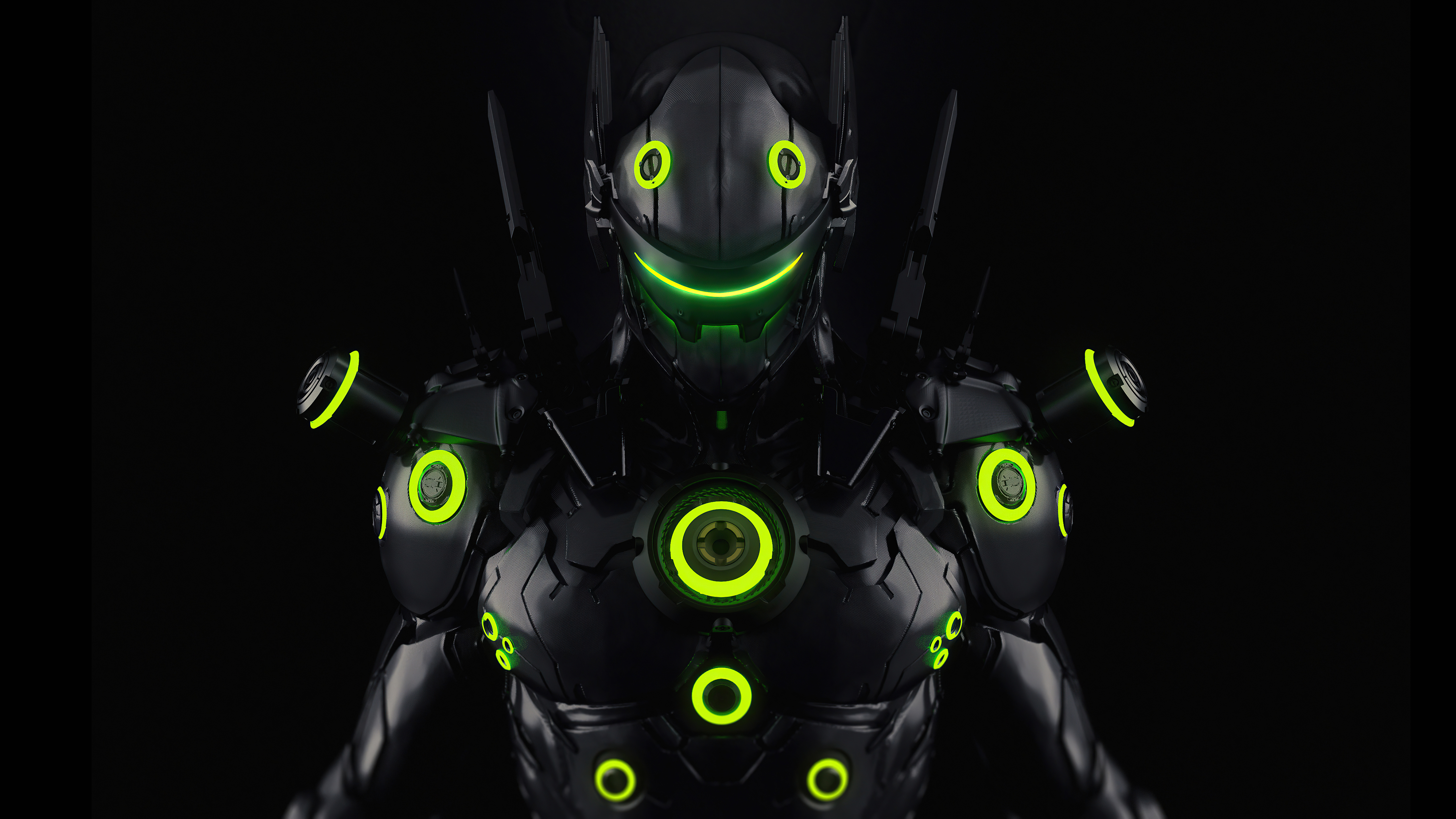 Genji Overwatch Artwork Video Games Digital Art Overwatch Armor Dark Background Neon Video Game Art  5120x2880
