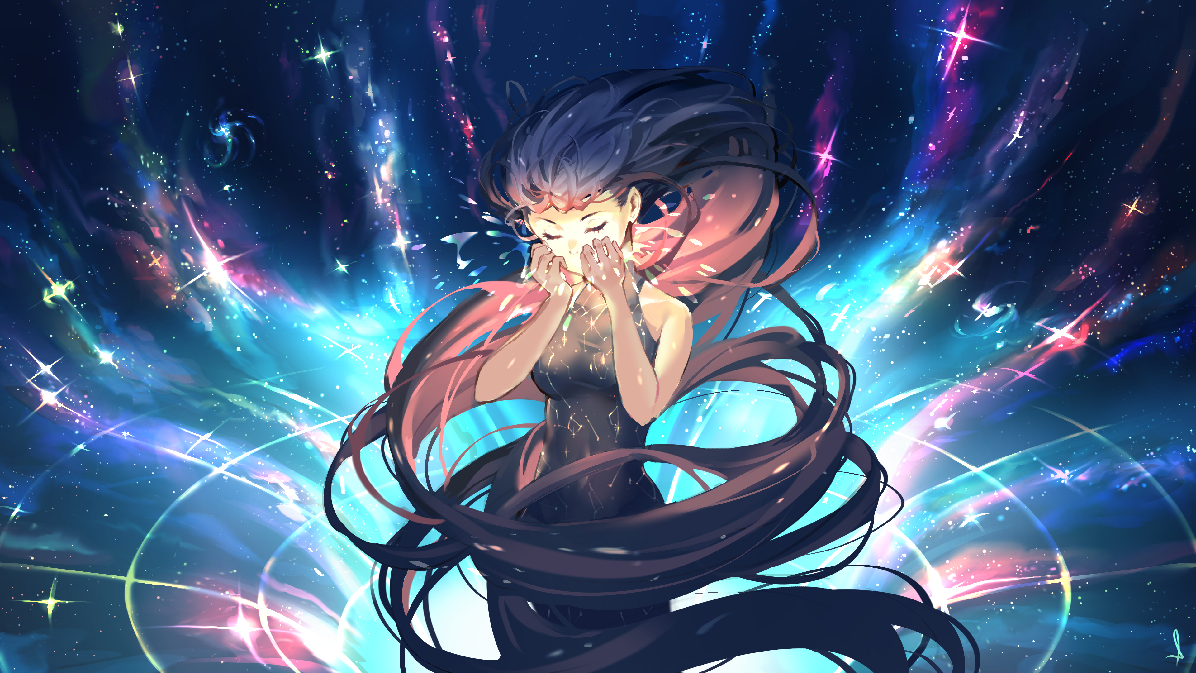 Anime Anime Girls Space Dark Hair Long Hair Stars Closed Eyes Black Holes 3840x2160