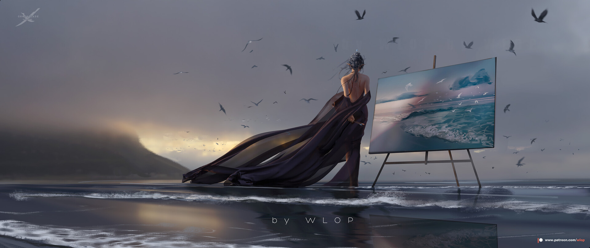 WLOP Digital Art Digital Painting Painting Sea Black Clothing Canvas Waves 1920x809