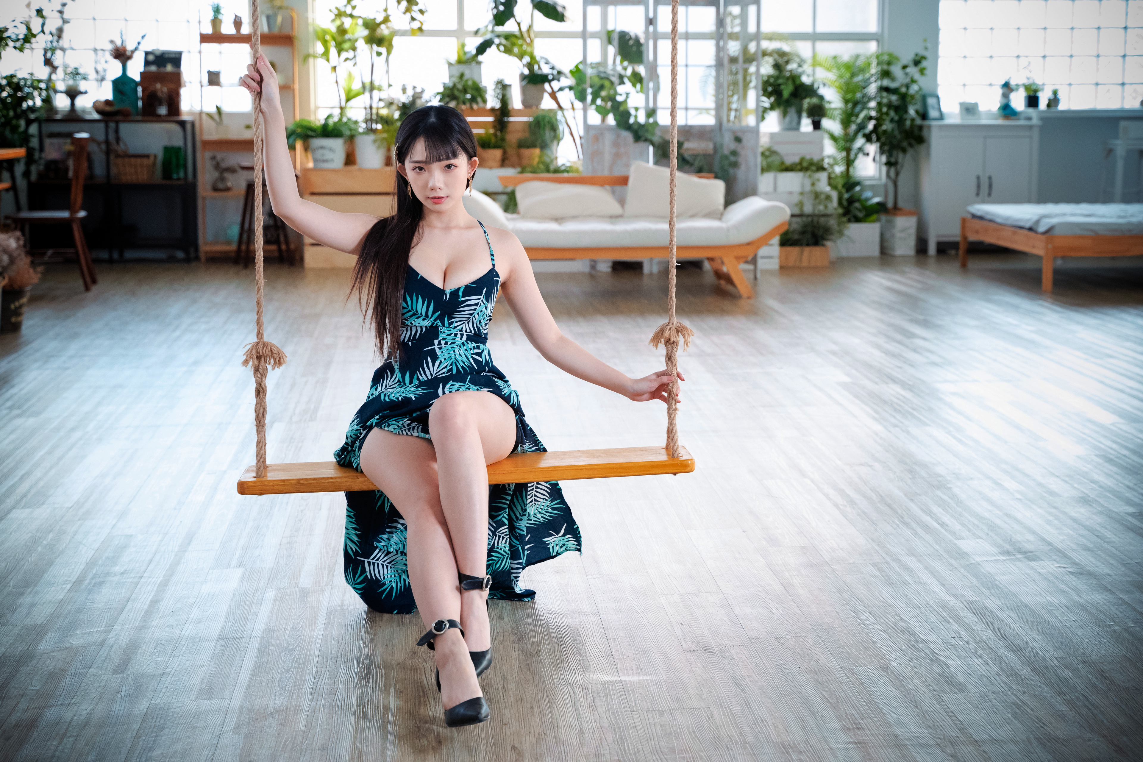 Asian Model Women Long Hair Dark Hair Flower Dress Swings Rope Swing Black High Heels Couch Sitting  3840x2560