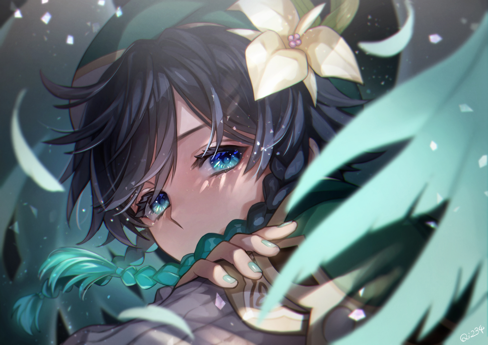 Anime Venti Genshin Impact Blue Eyes Dark Hair Flower In Hair Petals Green Nails Looking At Viewer H 1637x1158