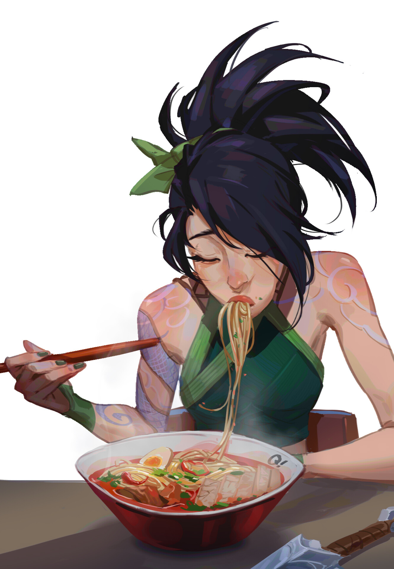 Women Asian Artwork Food Eating Noodles Dark Hair Chopsticks Painted Nails Inked Girls White Backgro 1330x1919