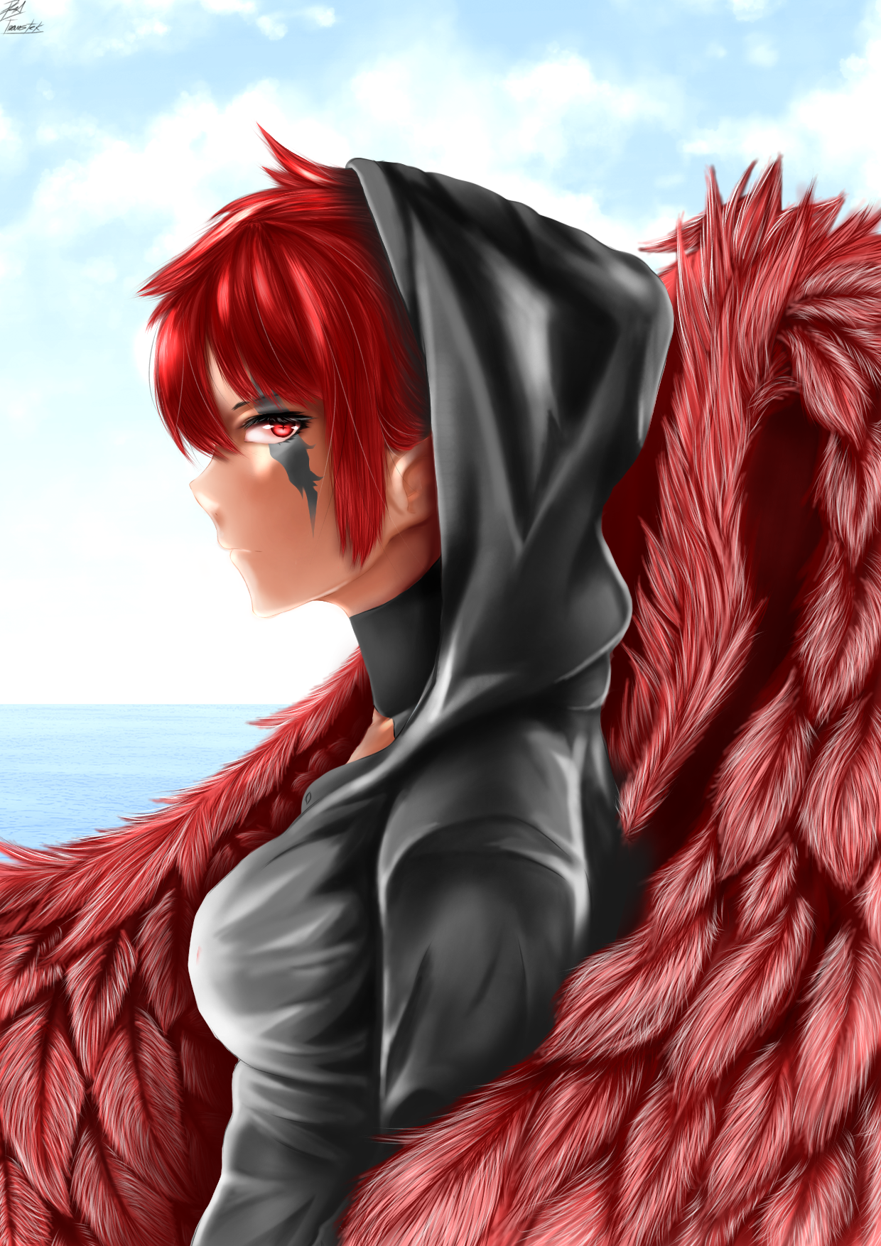 Anime Girl With Wings Anime Anime Girls Wings Redhead Red Eyes 1240x1754