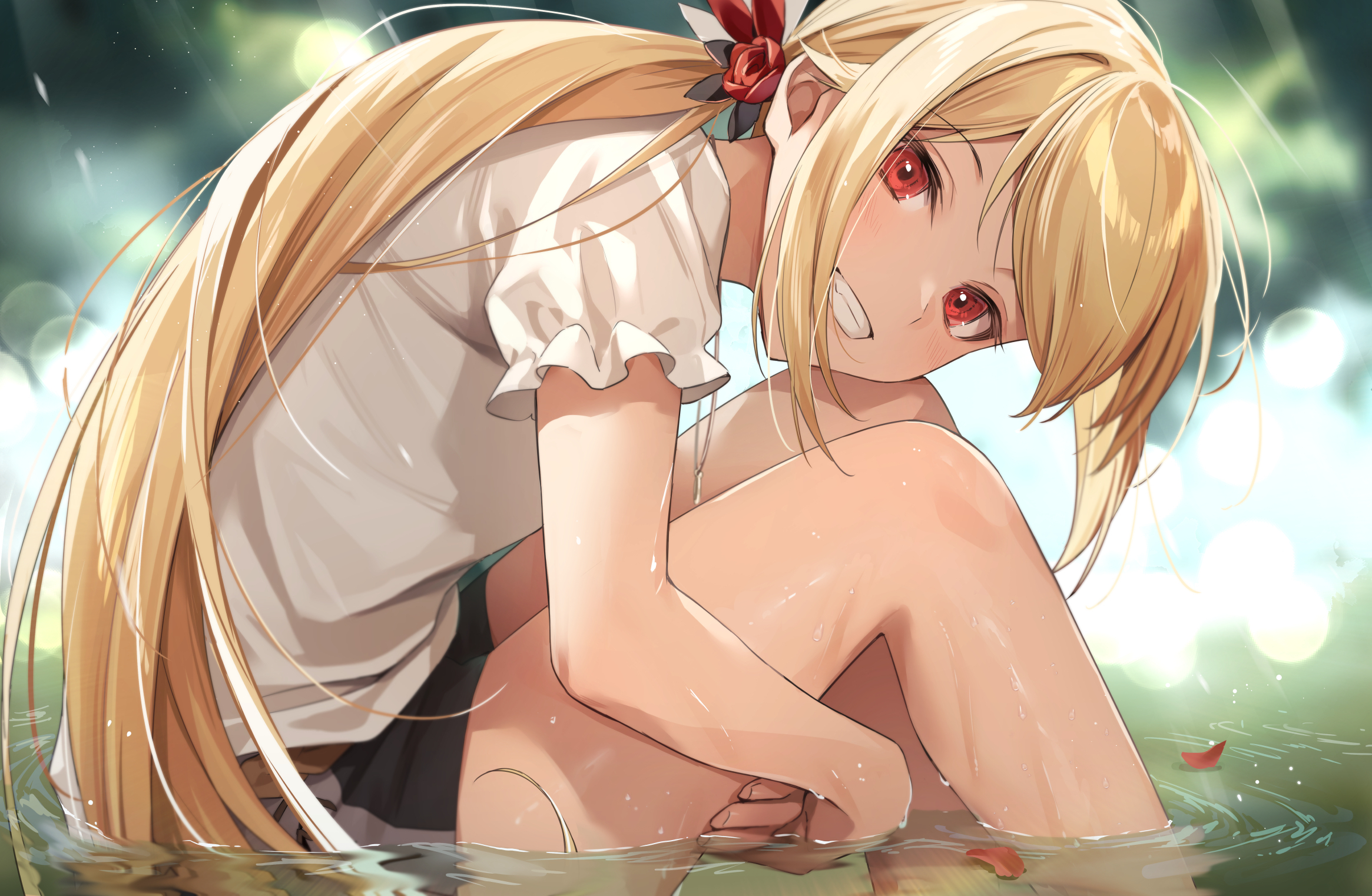 Anime Anime Girls Blonde Wet Water Legs Red Eyes Sitting Long Hair Grin Artwork Zattape 2330x1522
