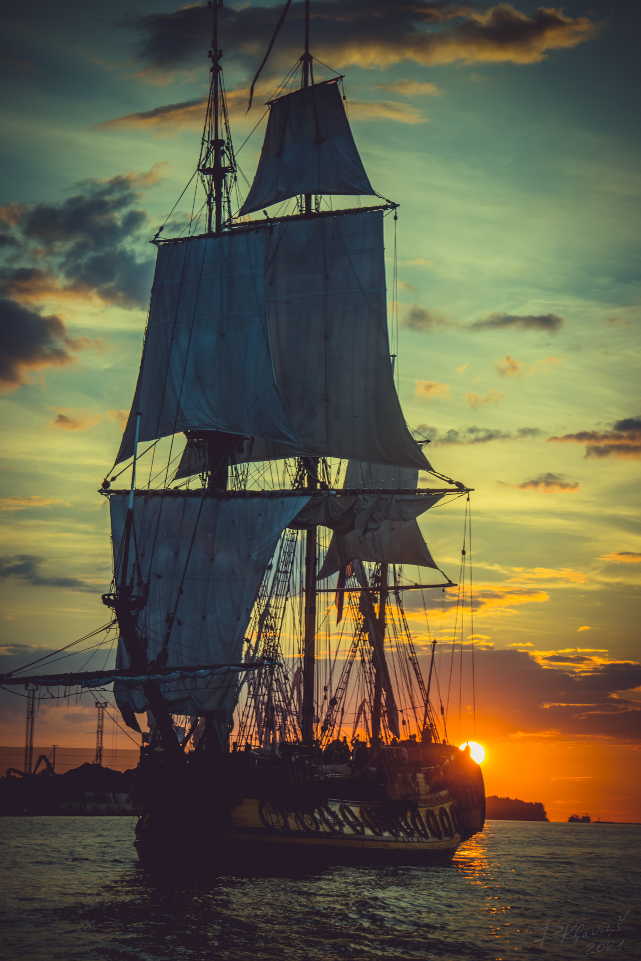 Ship Sailing Ship Sea Clouds Sunset Evening Horizon Photography 1280x1920