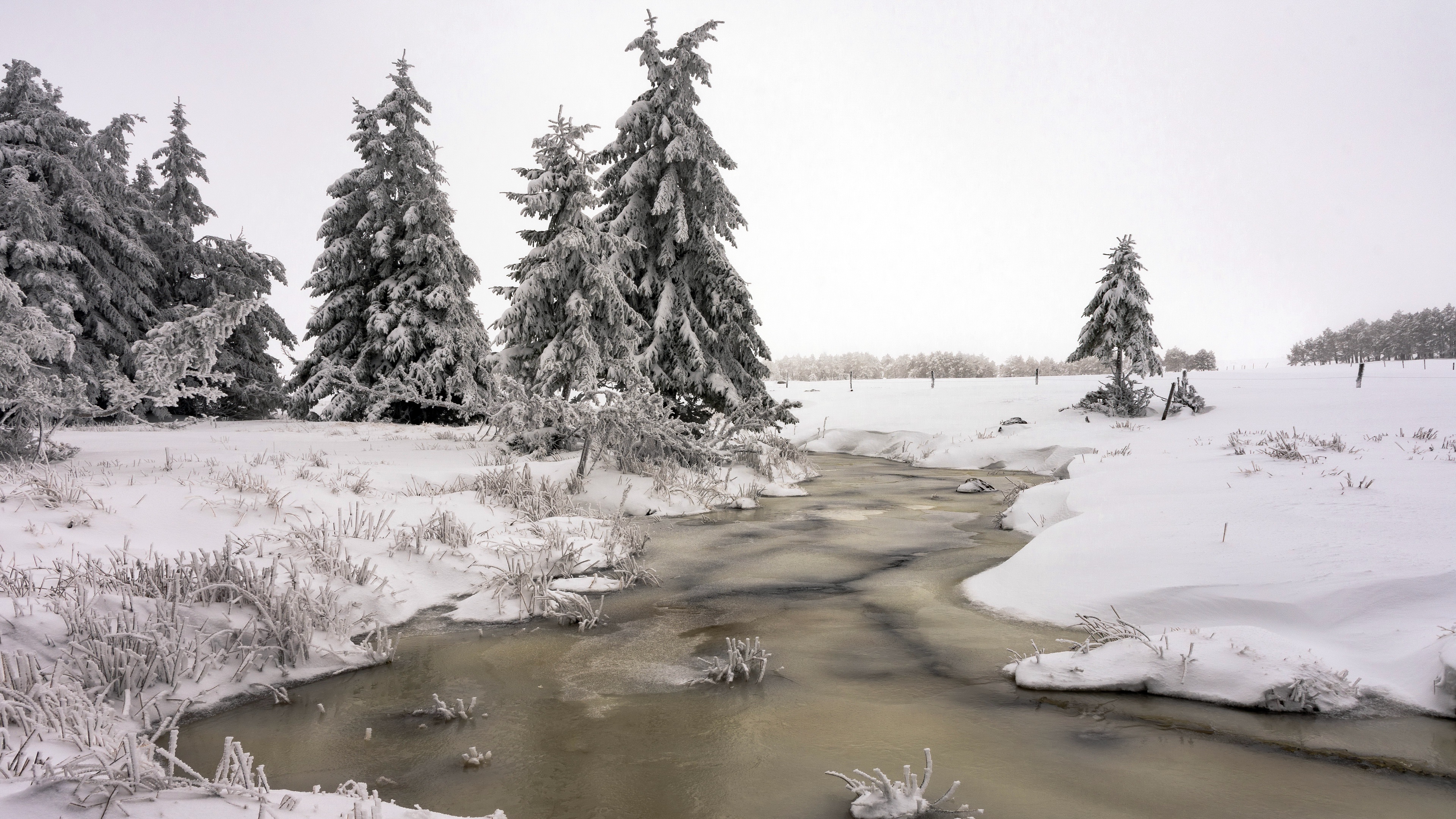Nature Outdoors Landscape Water Cold Ice Snow Winter Trees Creeks 3840x2160