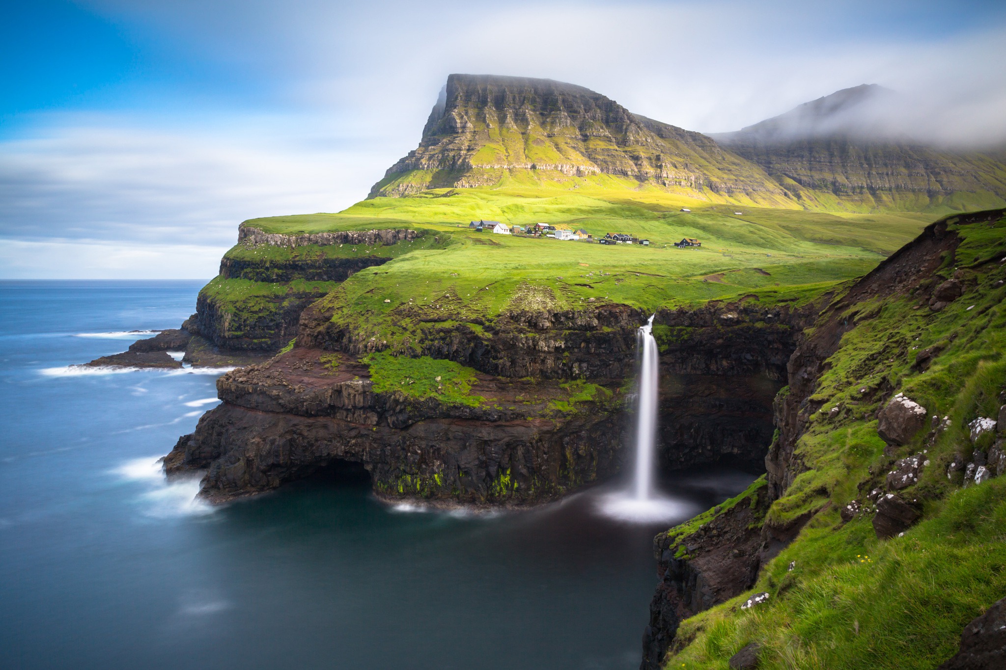 Coast Nature Cliff Sea Landscape Waterfall Faroe Islands Rock Village 2048x1365