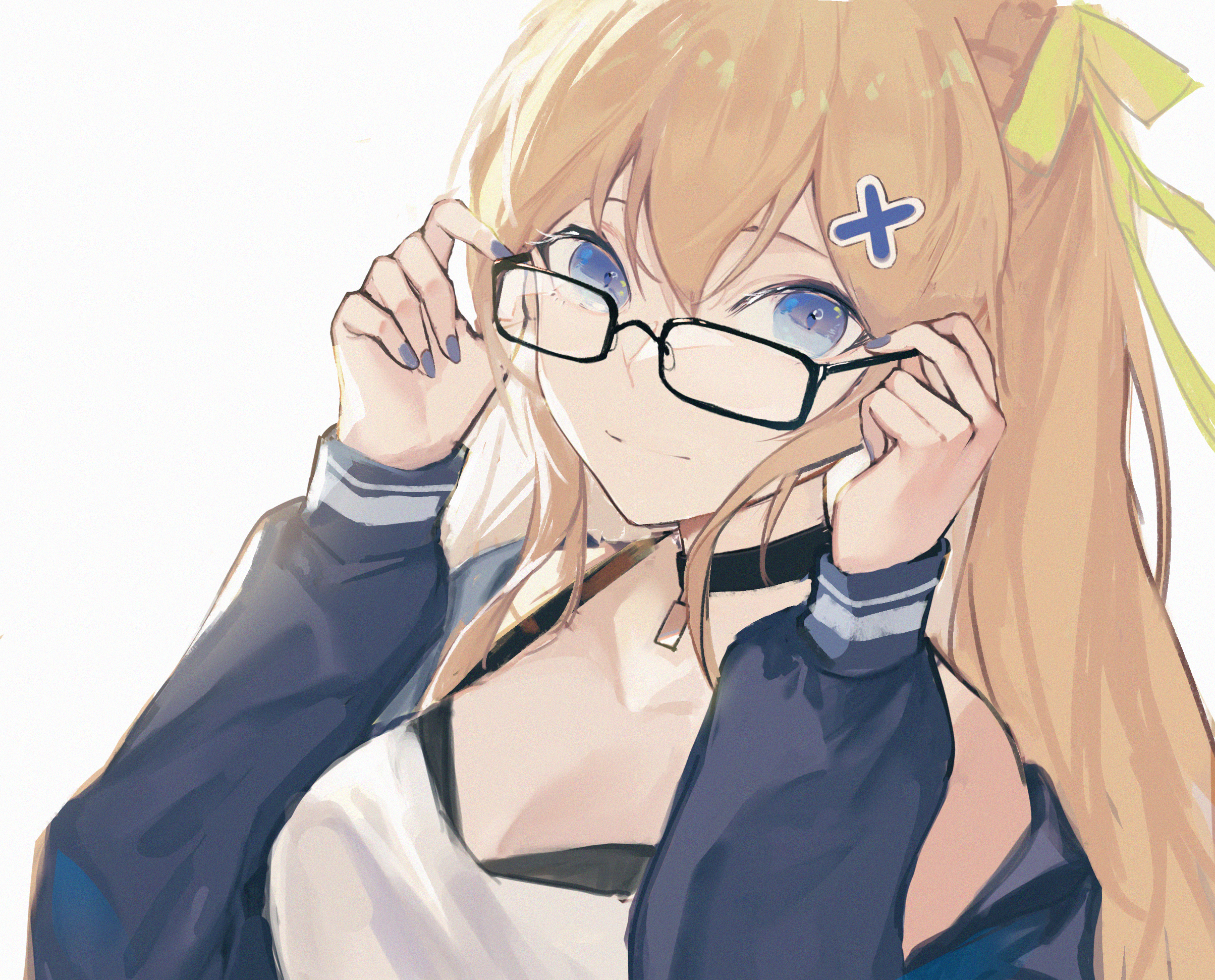 Glasses Blond Hair Anime Girls Blonde Anime Simple Background Long Hair Painted Nails Blue Nails Loo 2408x1942