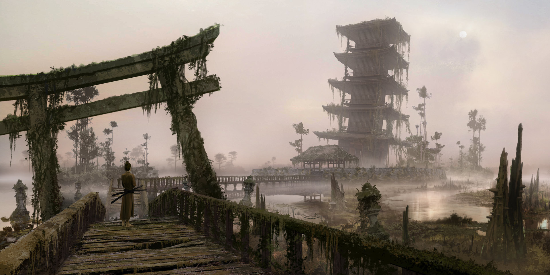 Tarmo Juhola Digital Art Fantasy Art Torii Asian Architecture Ruins Shinto Swamp Sword Barefoot Mist 1920x960