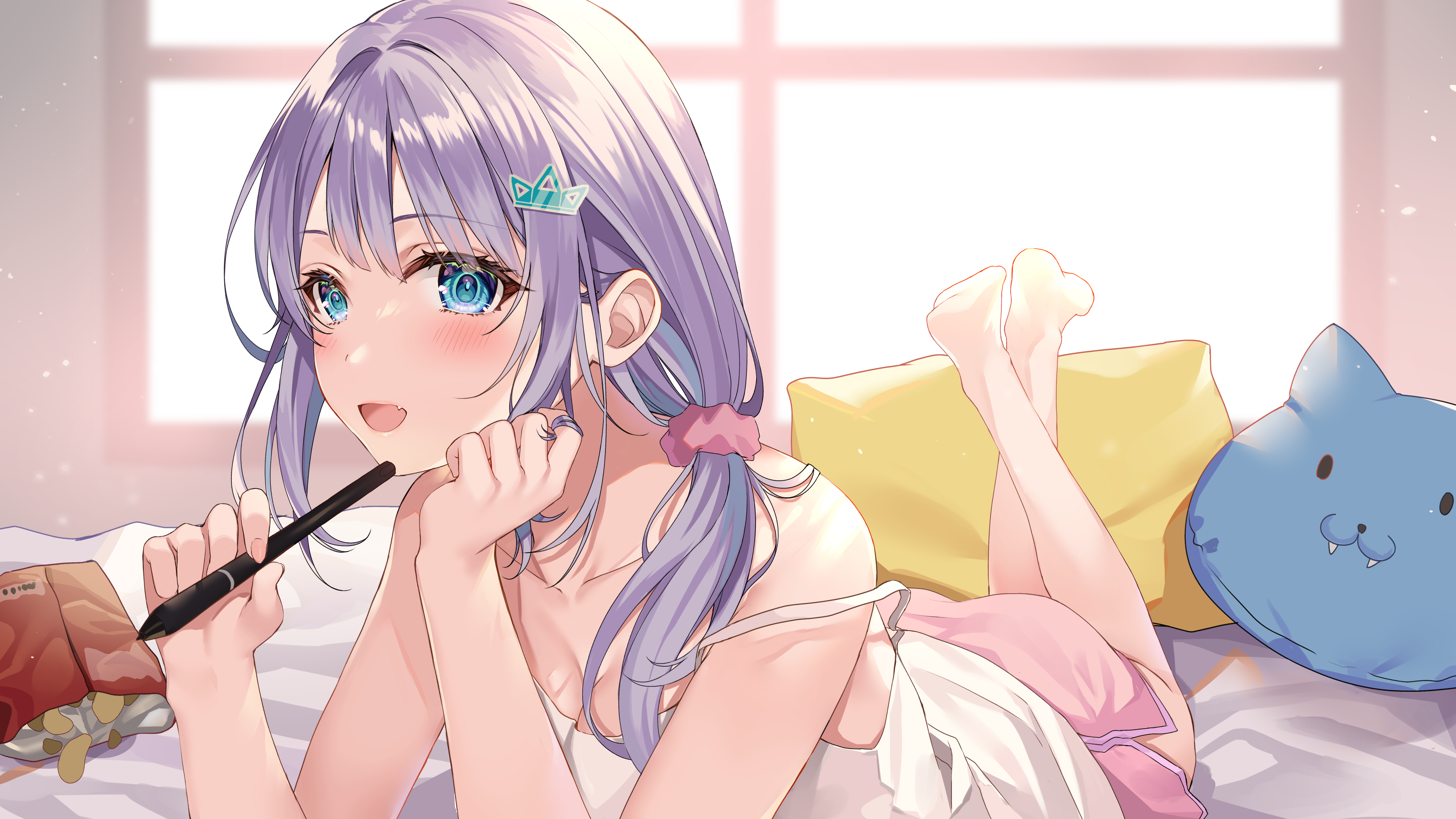 Lying Down Anime Girls Purple Hair Blush Smile Blue Eyes Kayanosuke Artwork 6400x3600