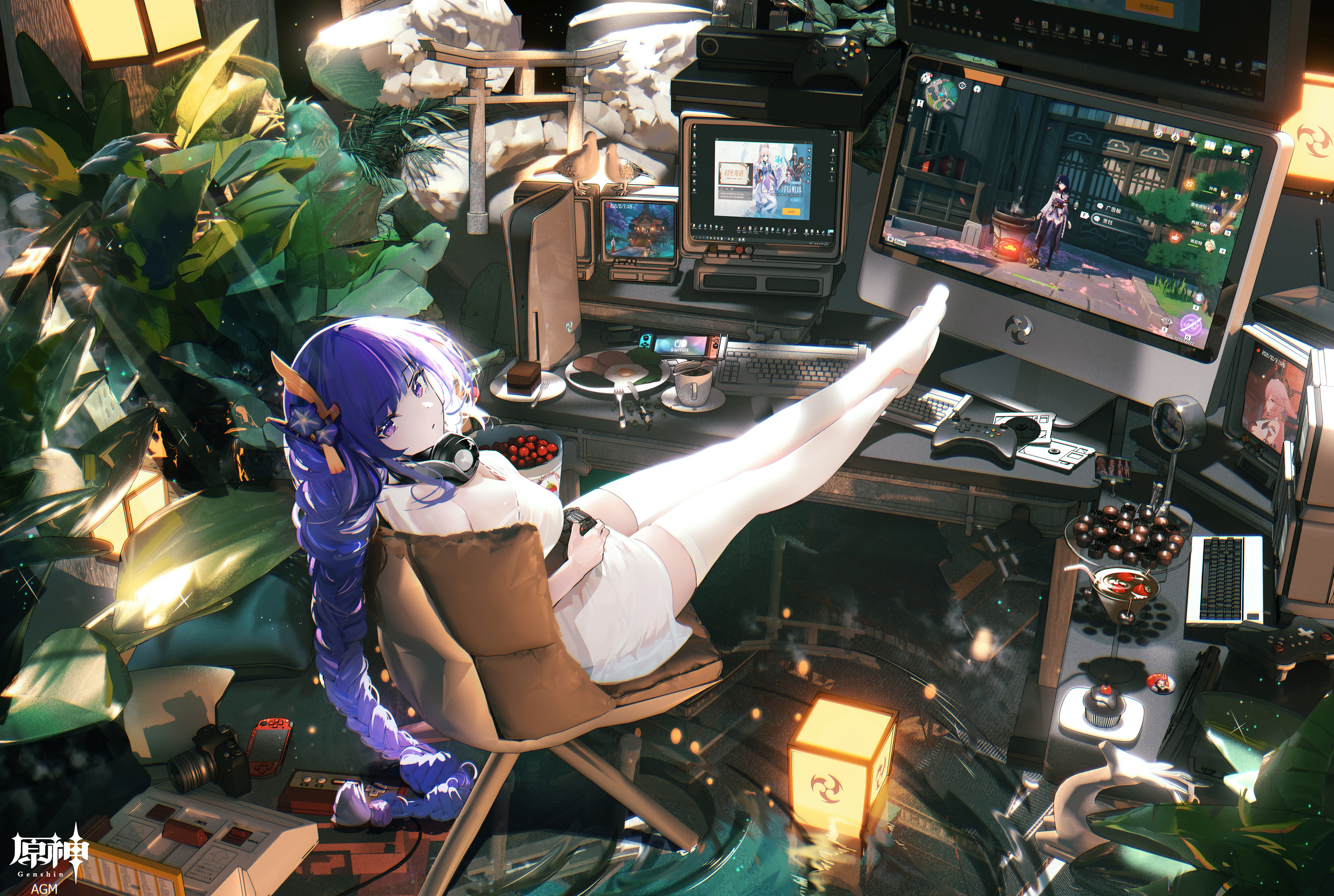 Anime Anime Girls Looking At Viewer Legs Long Hair Monitor Computer Purple Hair 5210x3500