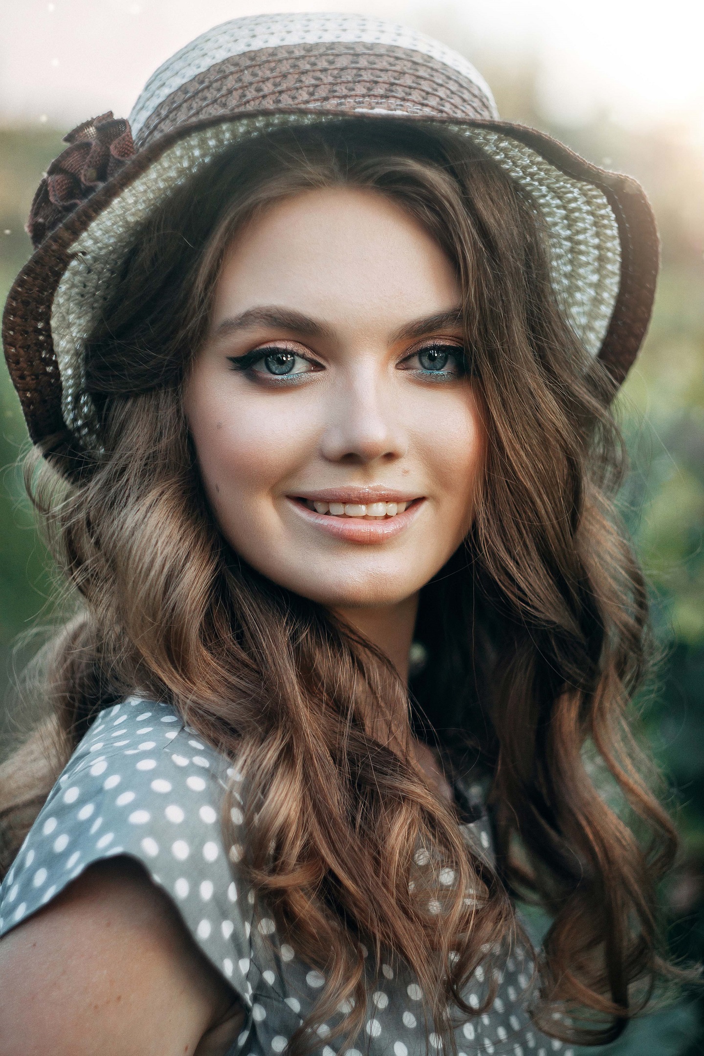 Viktoriya Gurtovaya Women Hat Brunette Wavy Hair Blue Eyes Smiling Makeup Dots Depth Of Field Portra 1440x2160