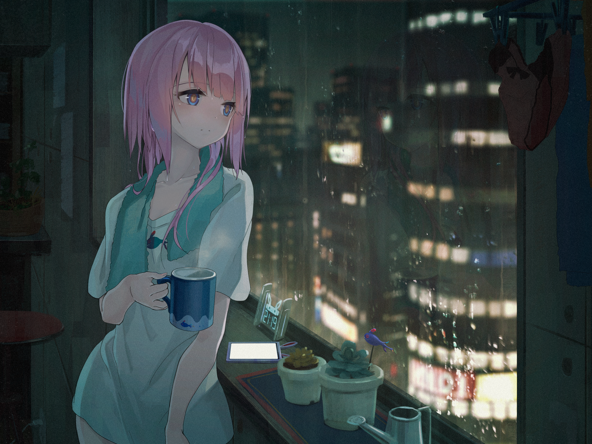 Anime Girls Night Pink Hair Short Hair Window Ledge Cityscape T Shirt Towel Cup Virtual Youtuber Anz 1920x1440
