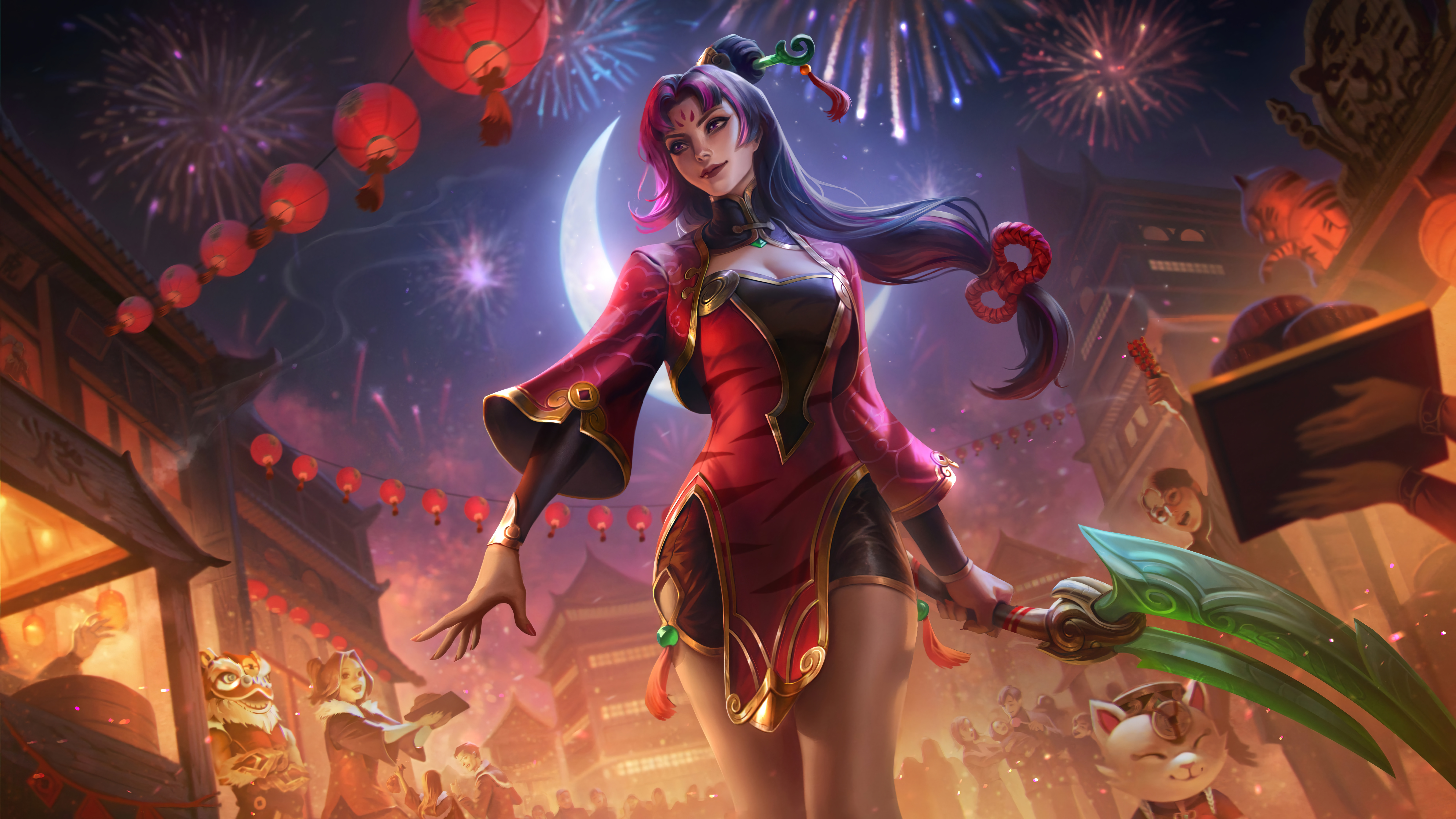 Firecracker Diana League Of Legends League Of Legends Riot Games Digital Art GZG 4K New Year Fire 7680x4320