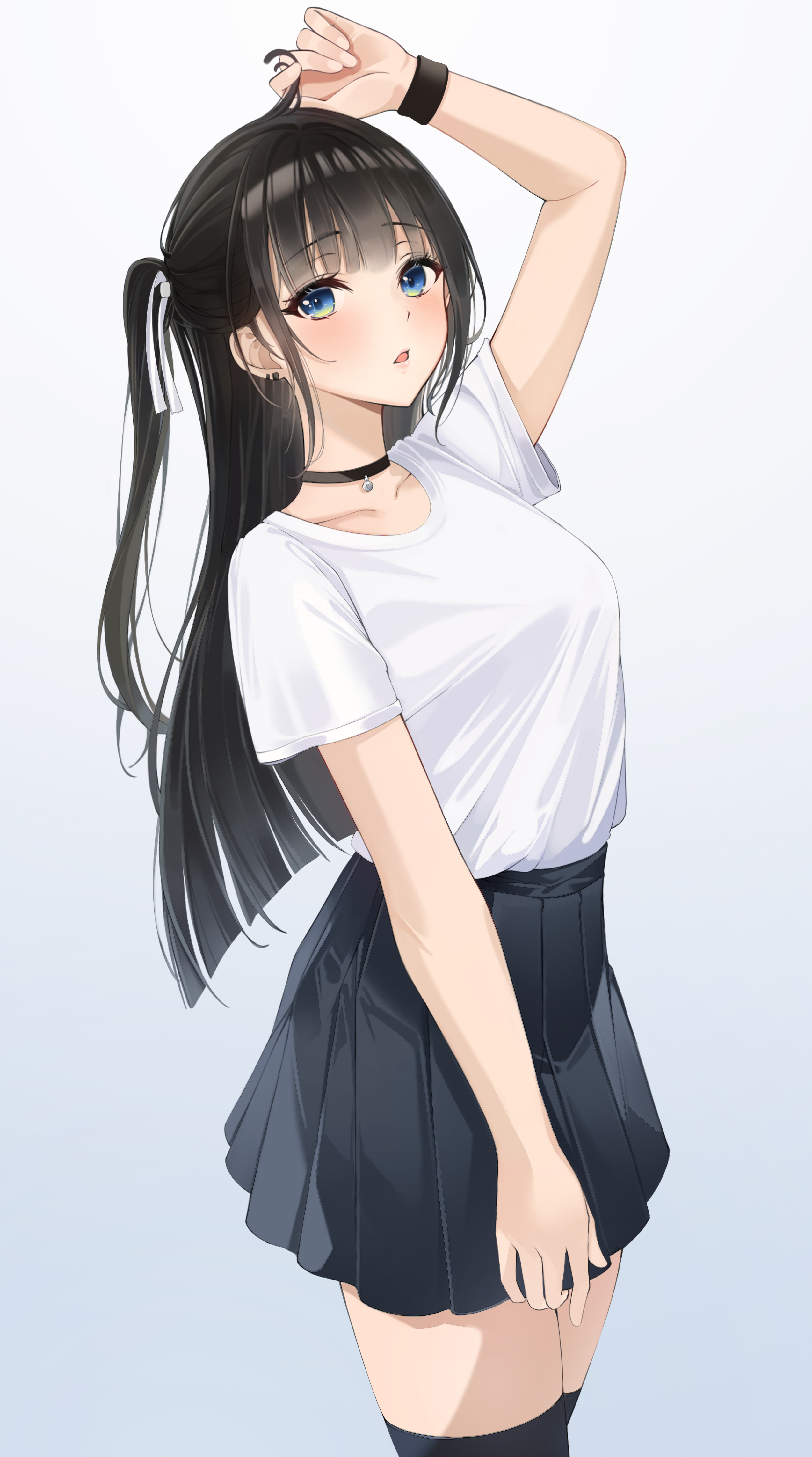Anime Anime Girls Digital Digital Art 2D Looking At Viewer Skirt Thigh Highs T Shirt Long Hair Black 2548x4570
